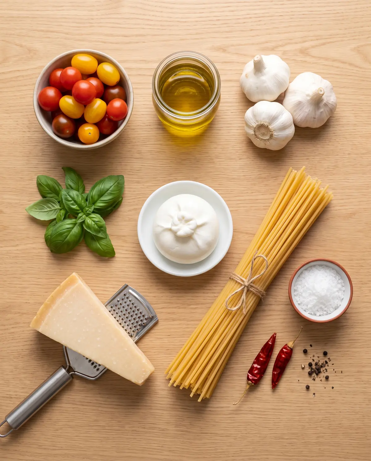 Ingredients for burst cherry tomato bucatini laid out on a warm wood table
