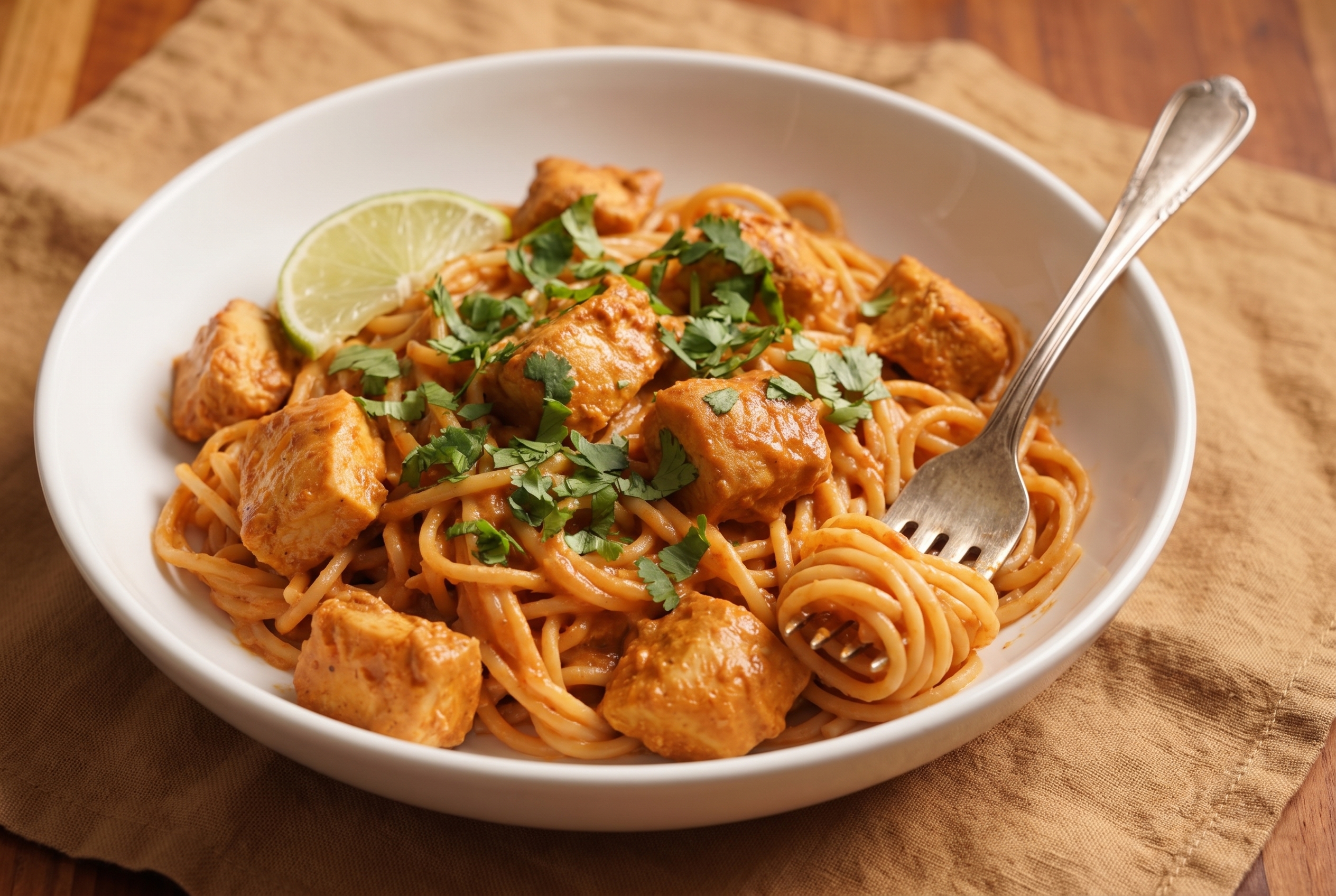 Creamy chicken tikka masala pasta in a white bowl with cilantro and lime