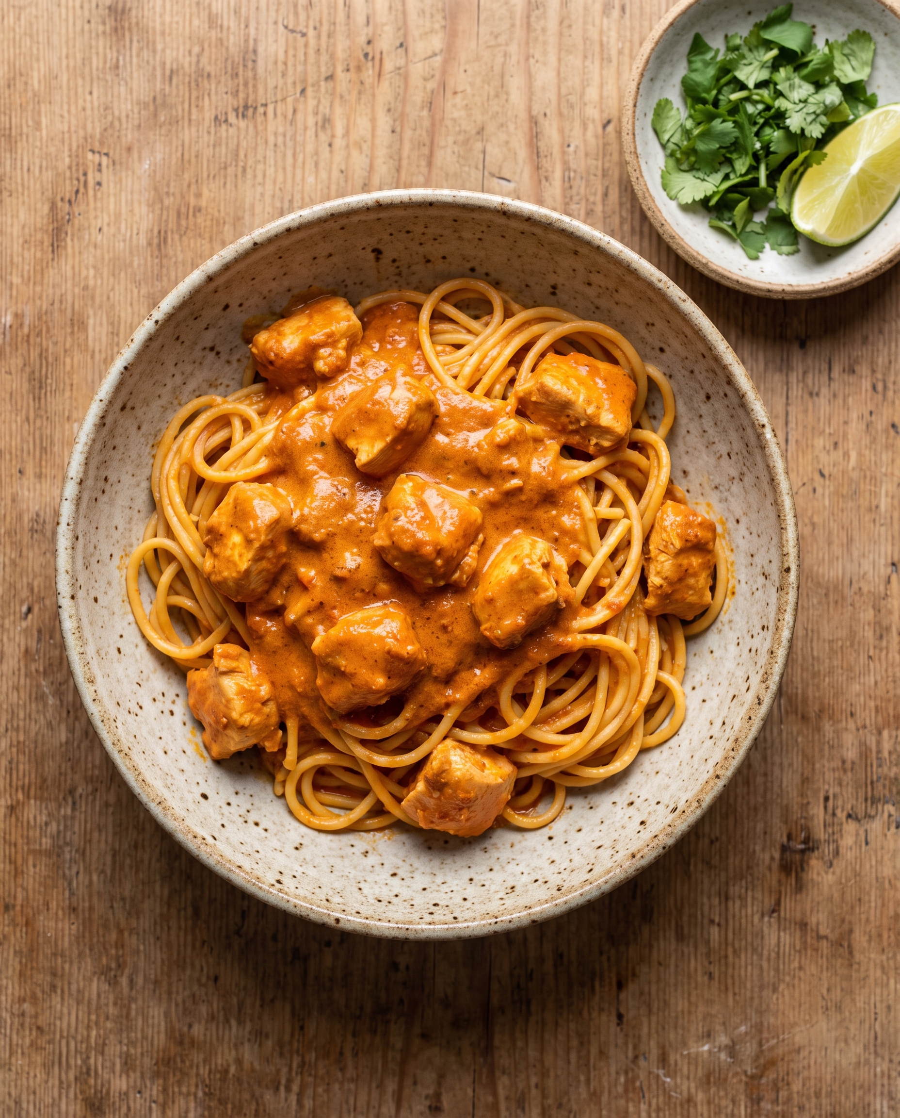 Overhead view of chicken tikka masala pasta in a speckled ceramic bowl