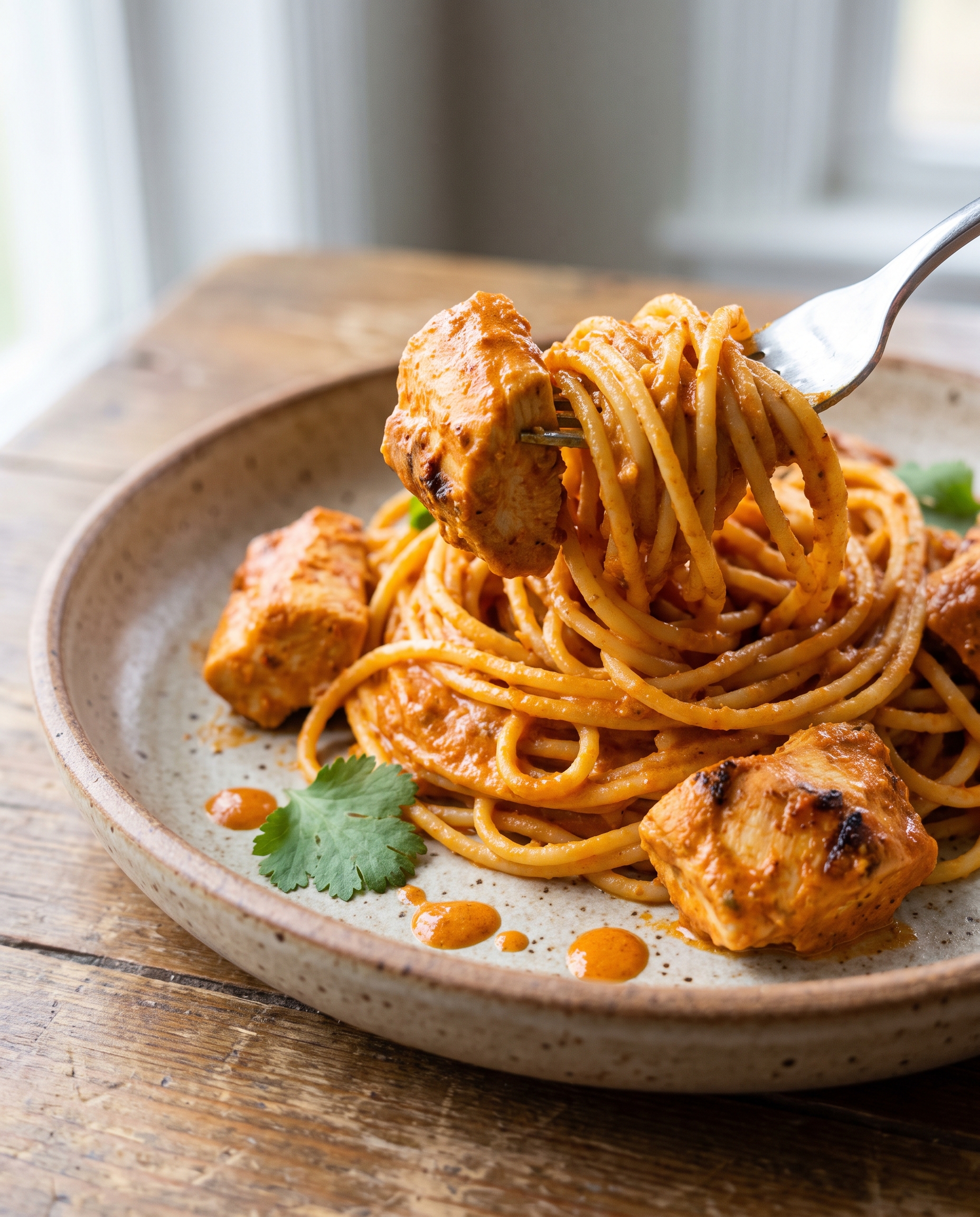 A fork twirl of chicken tikka masala pasta lifted from a rustic plate