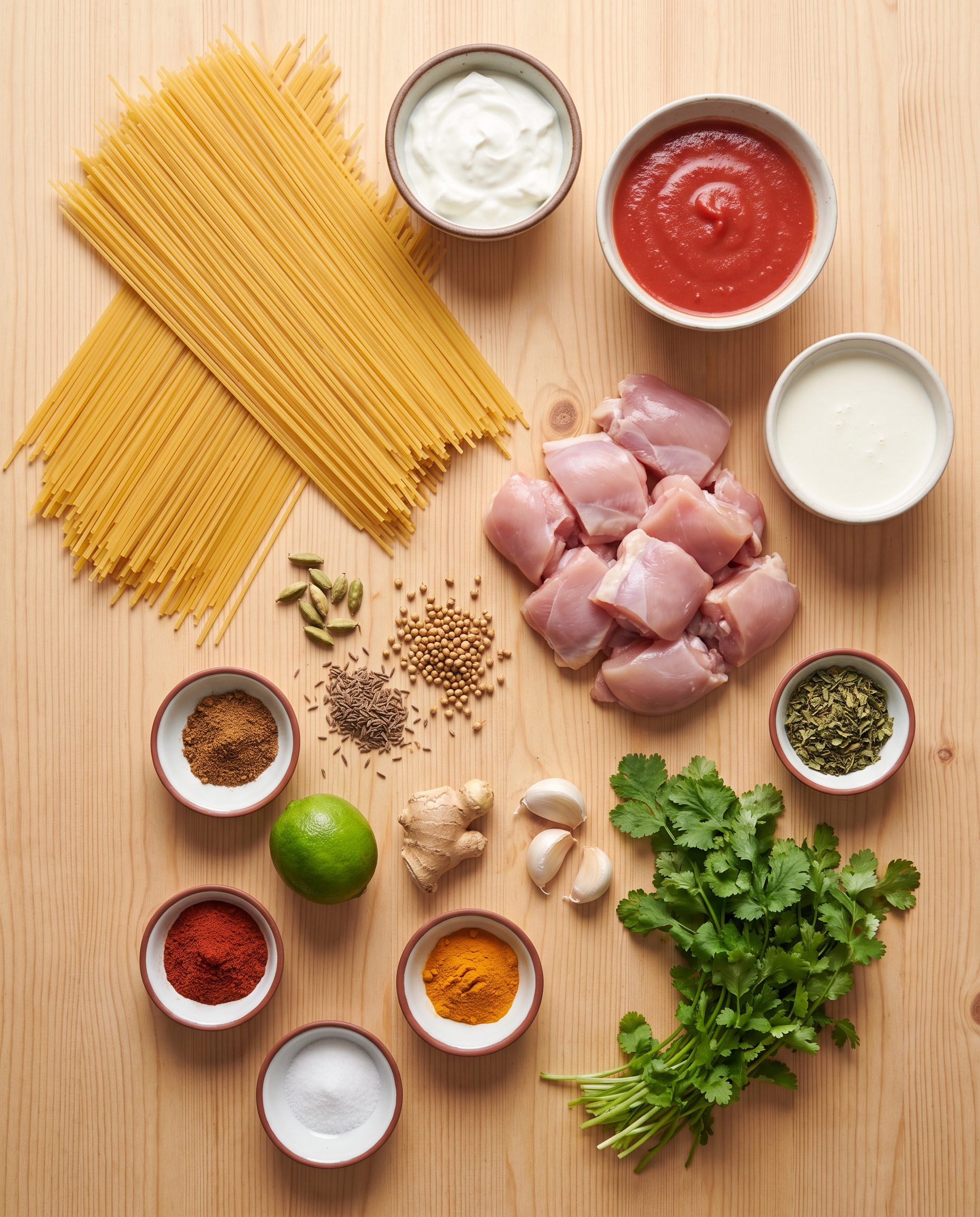 Top-down flat-lay of raw ingredients for chicken tikka masala pasta on a wooden table