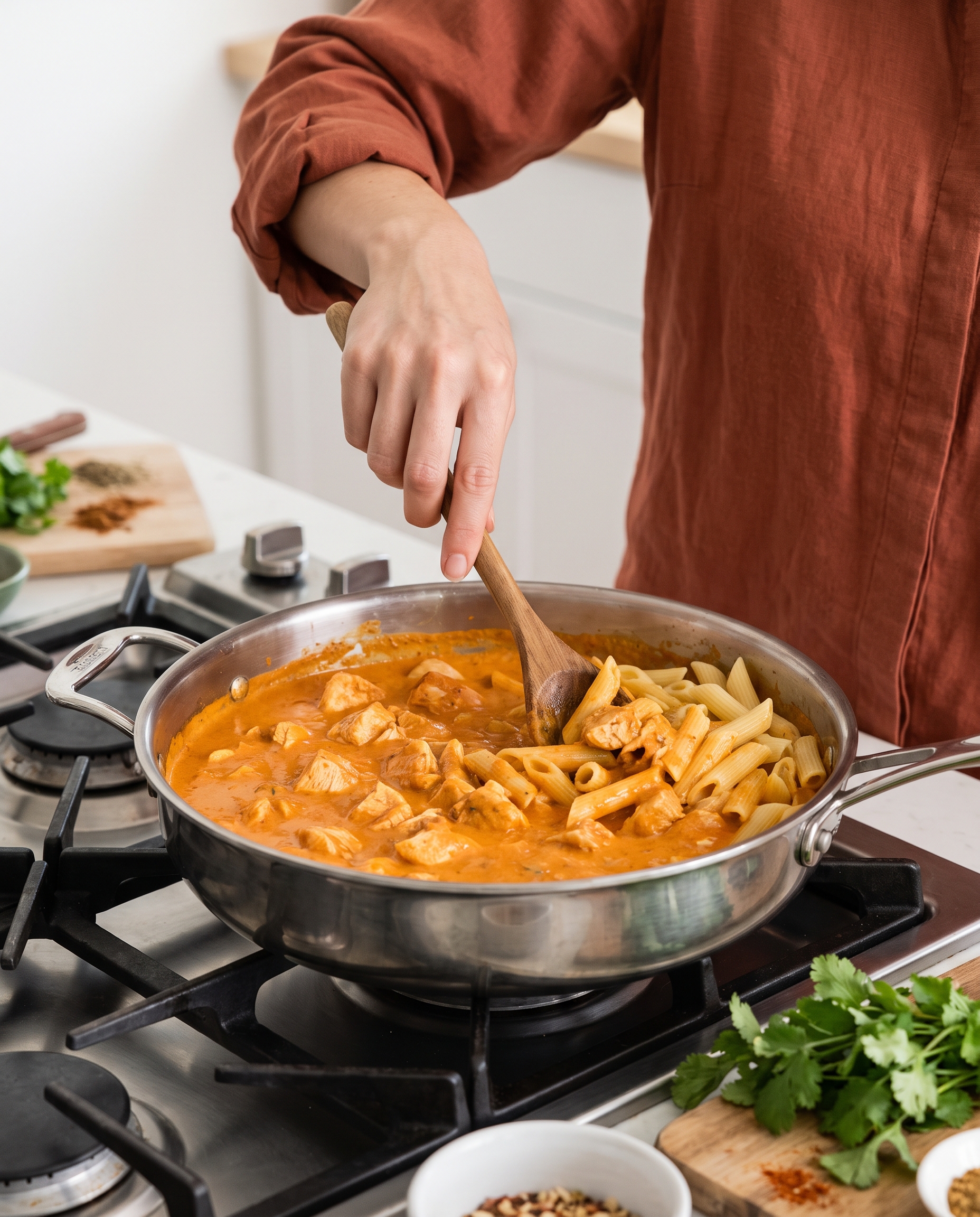 A woman's hand stirring a pan of creamy chicken tikka masala pasta