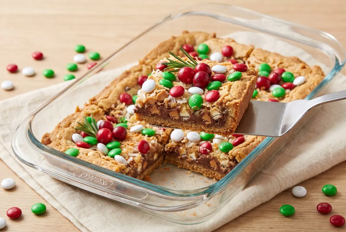 Christmas magic cookie bars in a glass baking dish, one bar lifted out with a metal spatula, garnished with fresh cranberries and rosemary