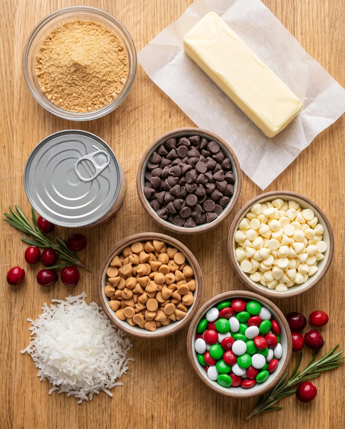 All the ingredients for Christmas magic cookie bars arranged on a wooden cutting board