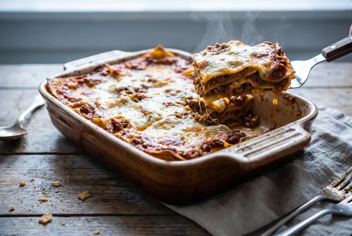 Classic Beef Lasagna Bolognese fresh from the oven