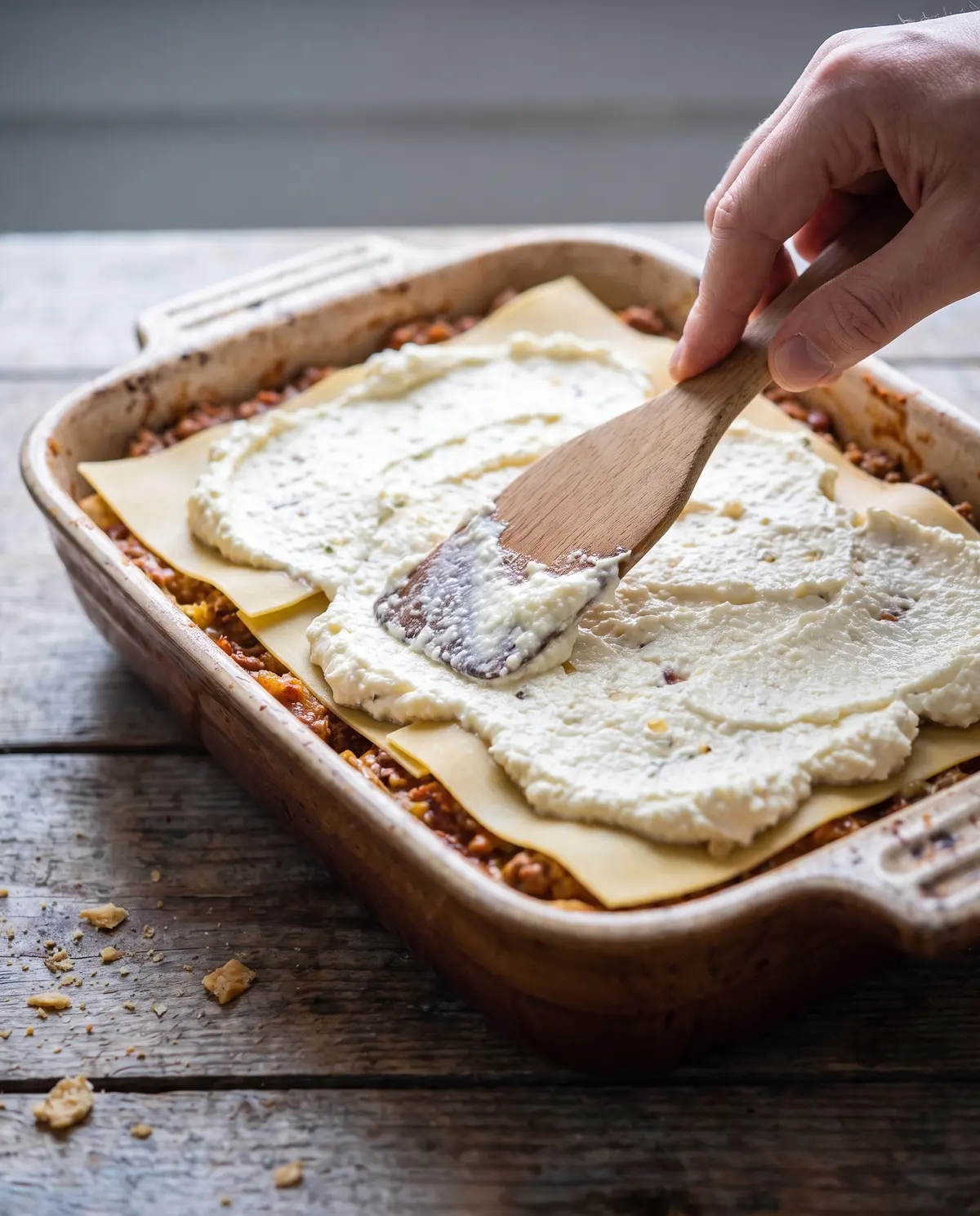 Spreading ricotta mixture on lasagna noodles
