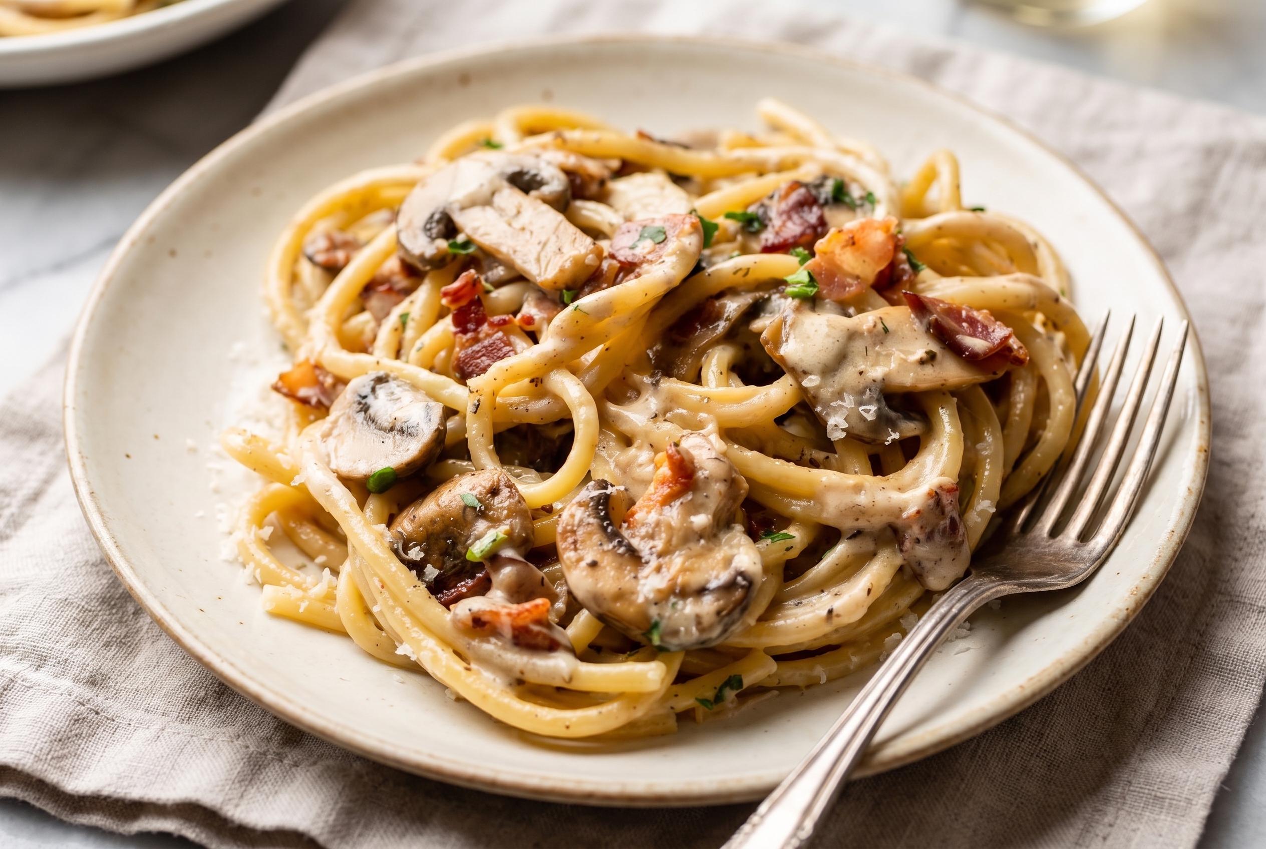 Creamy bacon mushroom pasta in a cream sauce on a ceramic plate