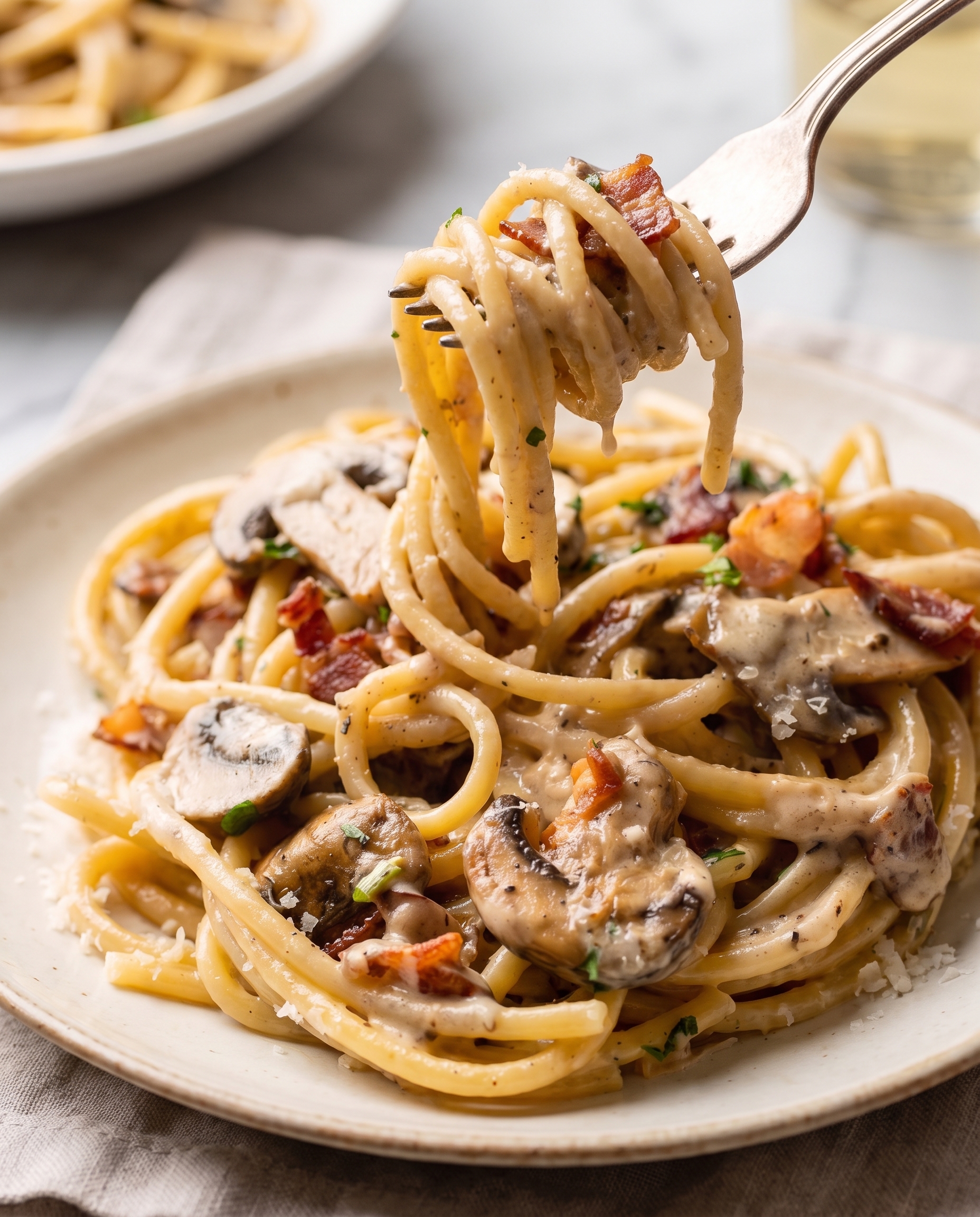 A fork twirling creamy bacon mushroom pasta from a shallow bowl