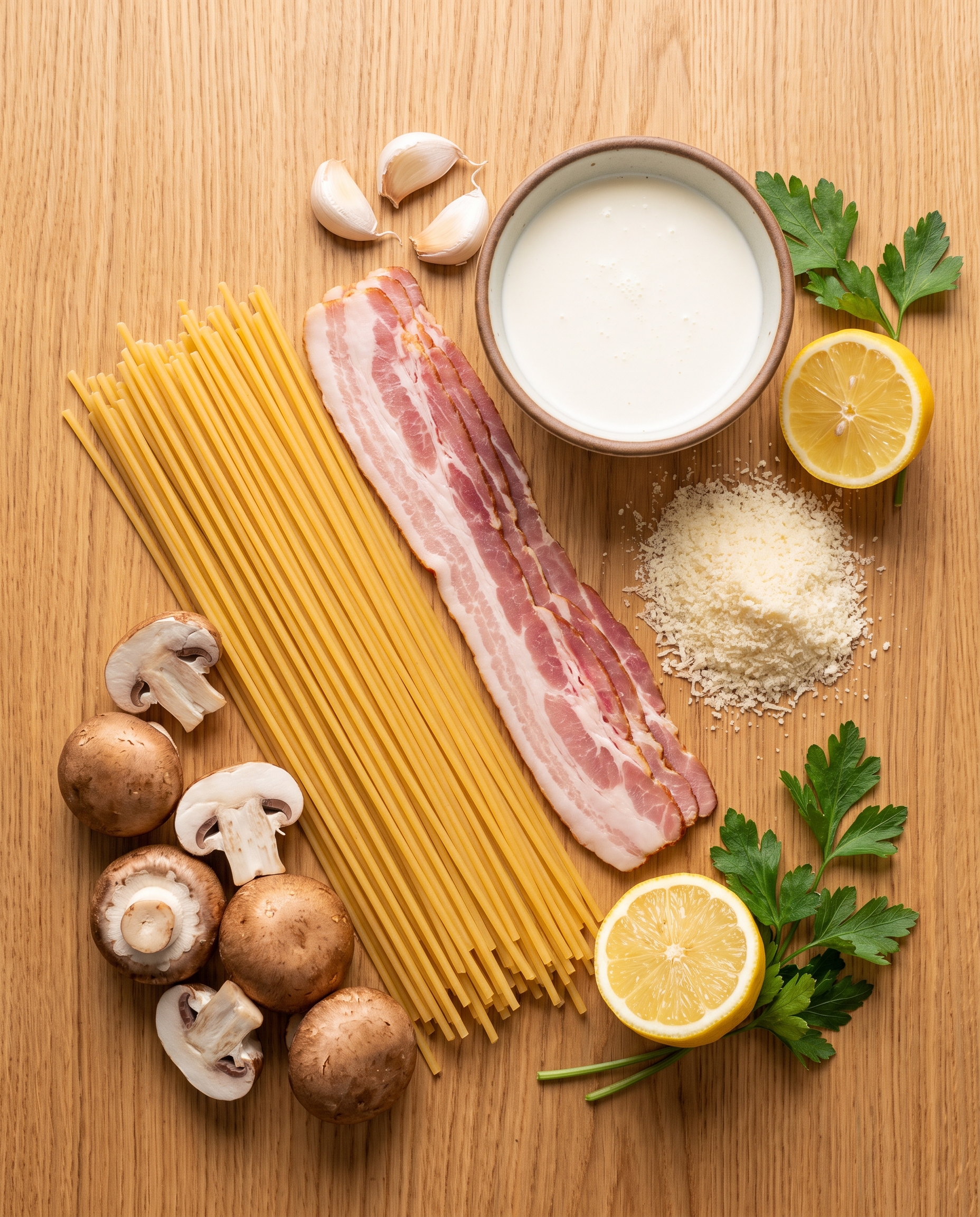 Ingredients for creamy bacon mushroom pasta arranged on a wooden surface