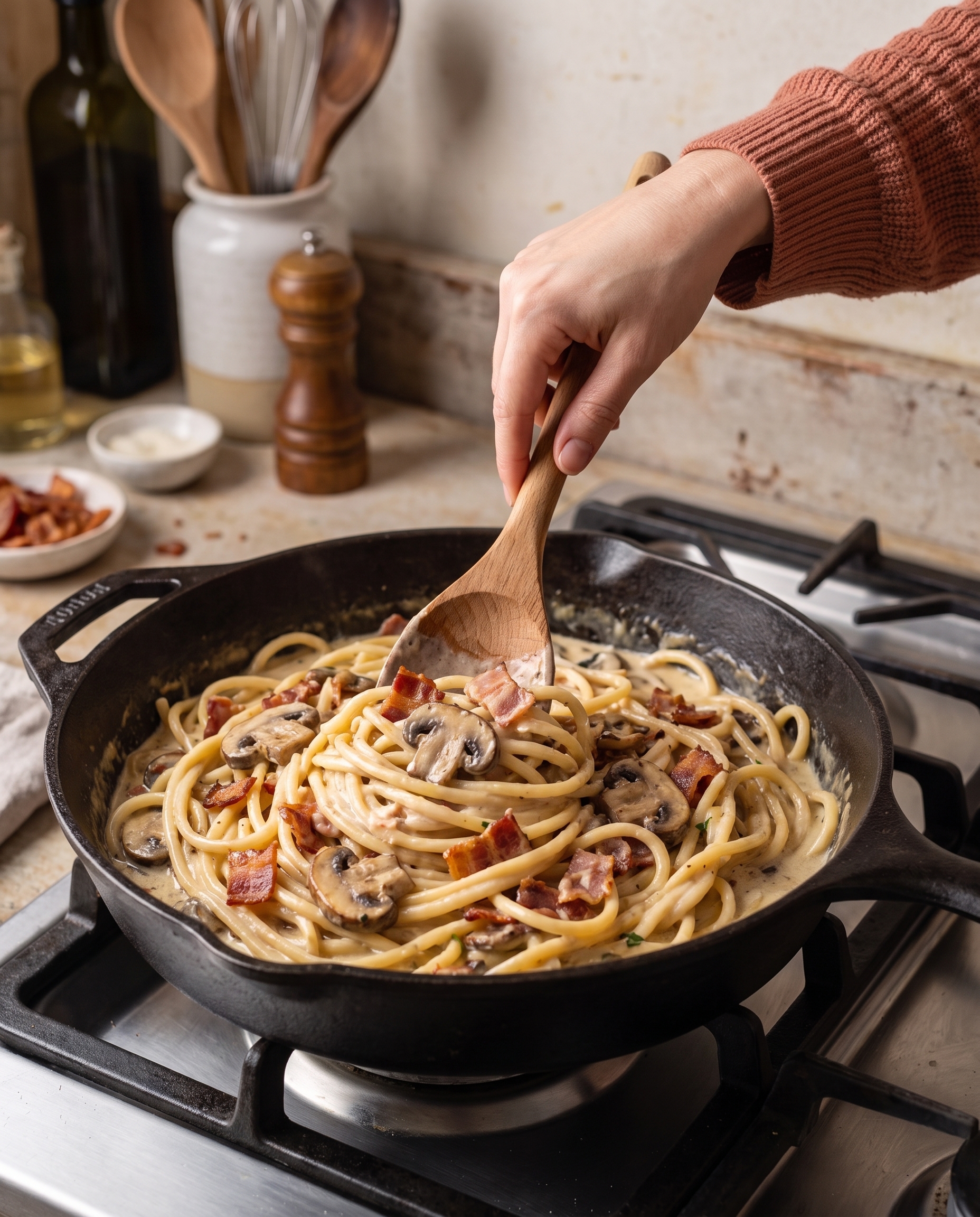 A woman's hand tossing creamy bacon mushroom pasta in a skillet