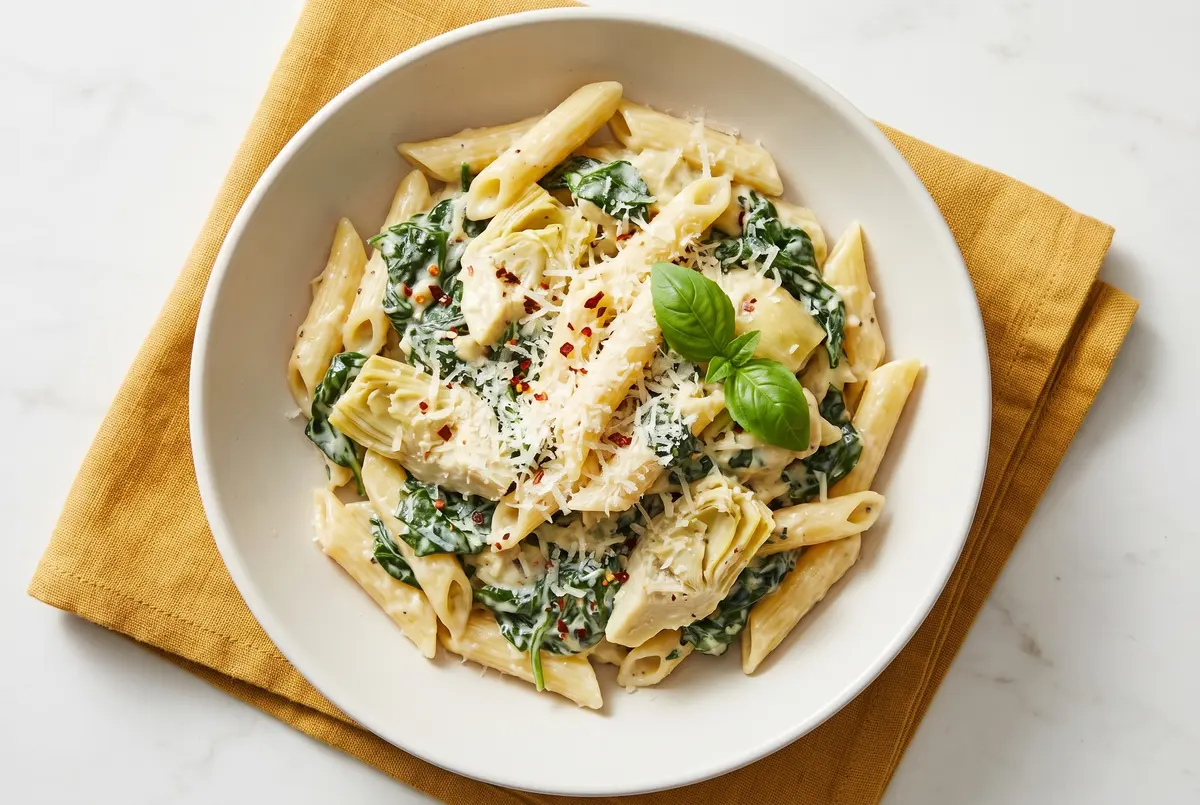 Creamy baked penne pasta with spinach and artichoke in a baking dish