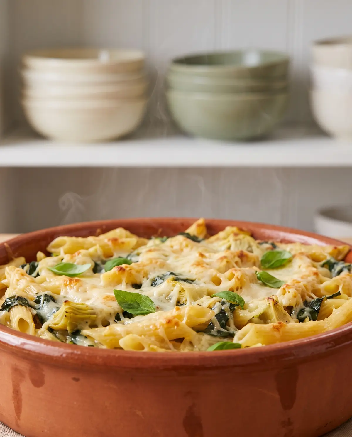 Plated portion of creamy baked penne with spinach and artichoke