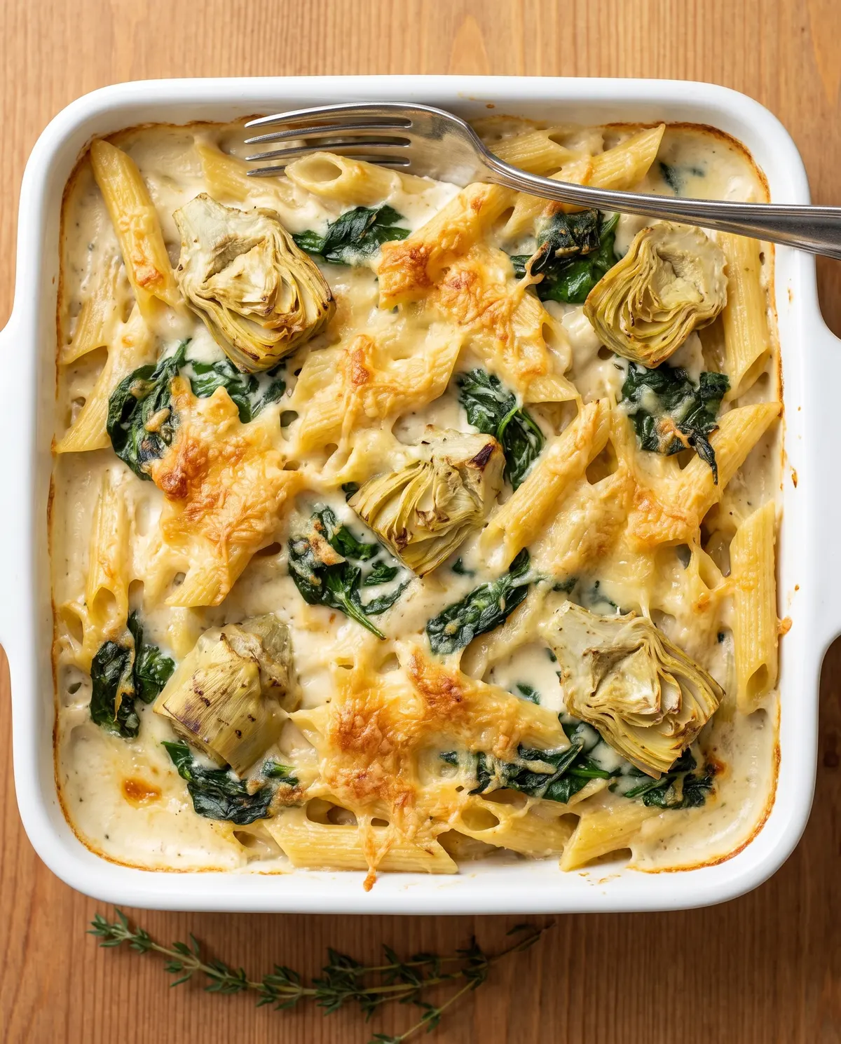 Baked penne casserole with golden cheese top in a baking dish