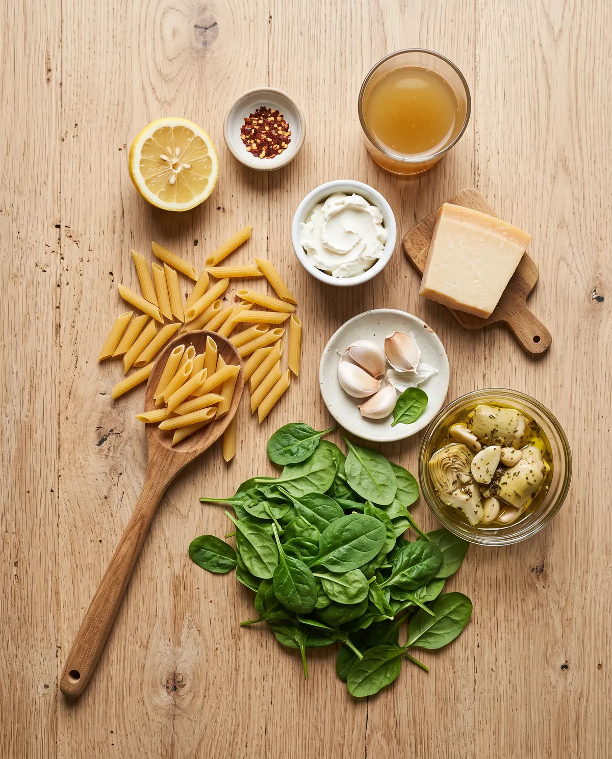 Ingredients for creamy baked penne laid out on a wooden table