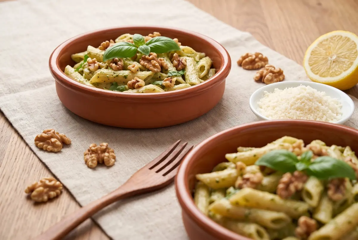 Two bowls of pesto pasta on a wood table