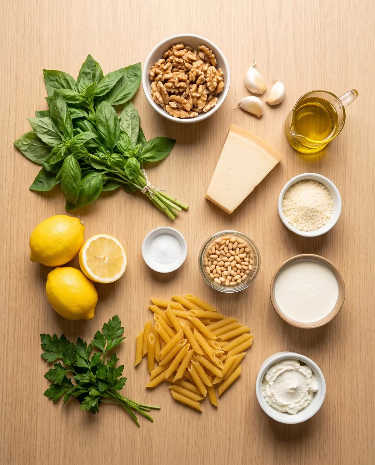 Ingredients for creamy basil walnut pesto pasta on a wood table