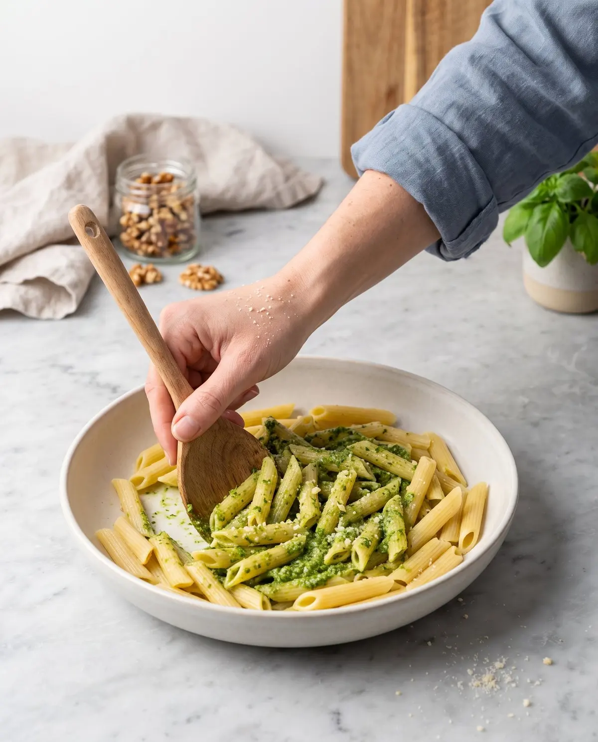 A woman in a dusty blue top tossing pesto pasta in a bowl