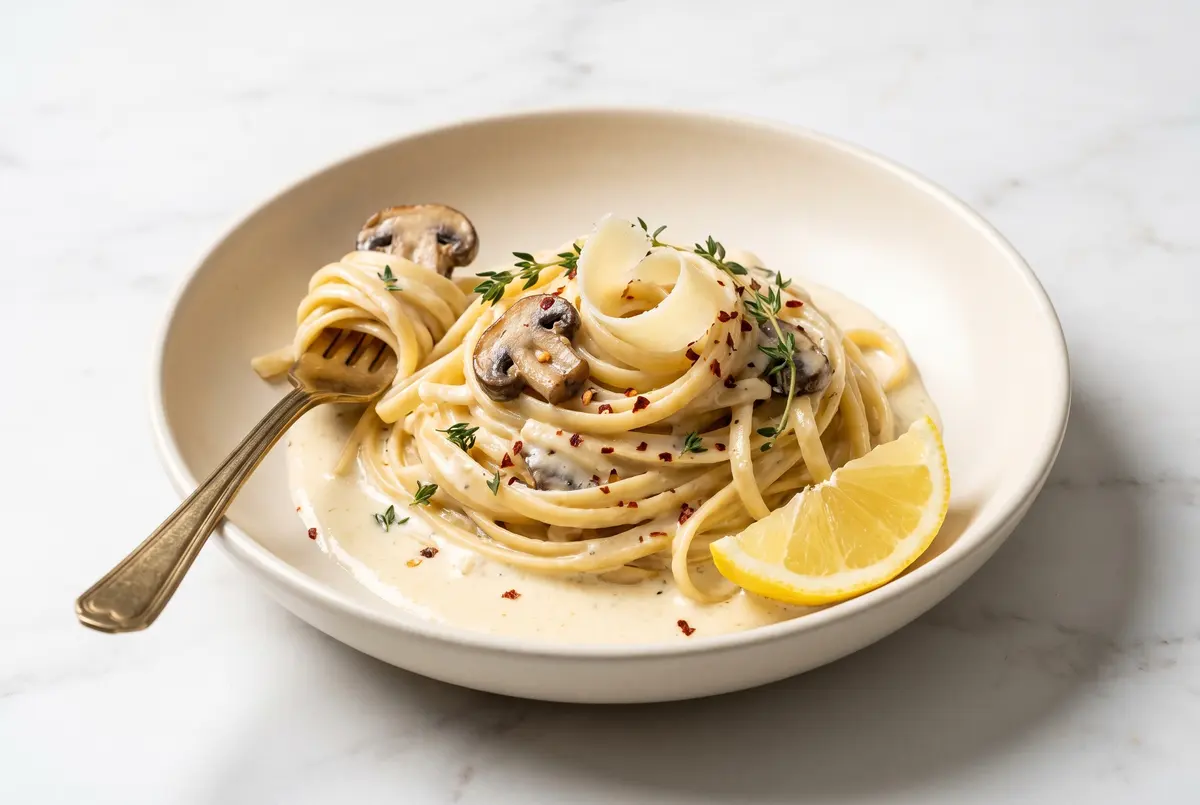 Ultimate Creamy Brie and Mushroom Linguine in 30 Minutes Creamy brie and mushroom pasta in a cream stoneware bowl, garnished with fresh thyme, parmesan, and a lemon wedge