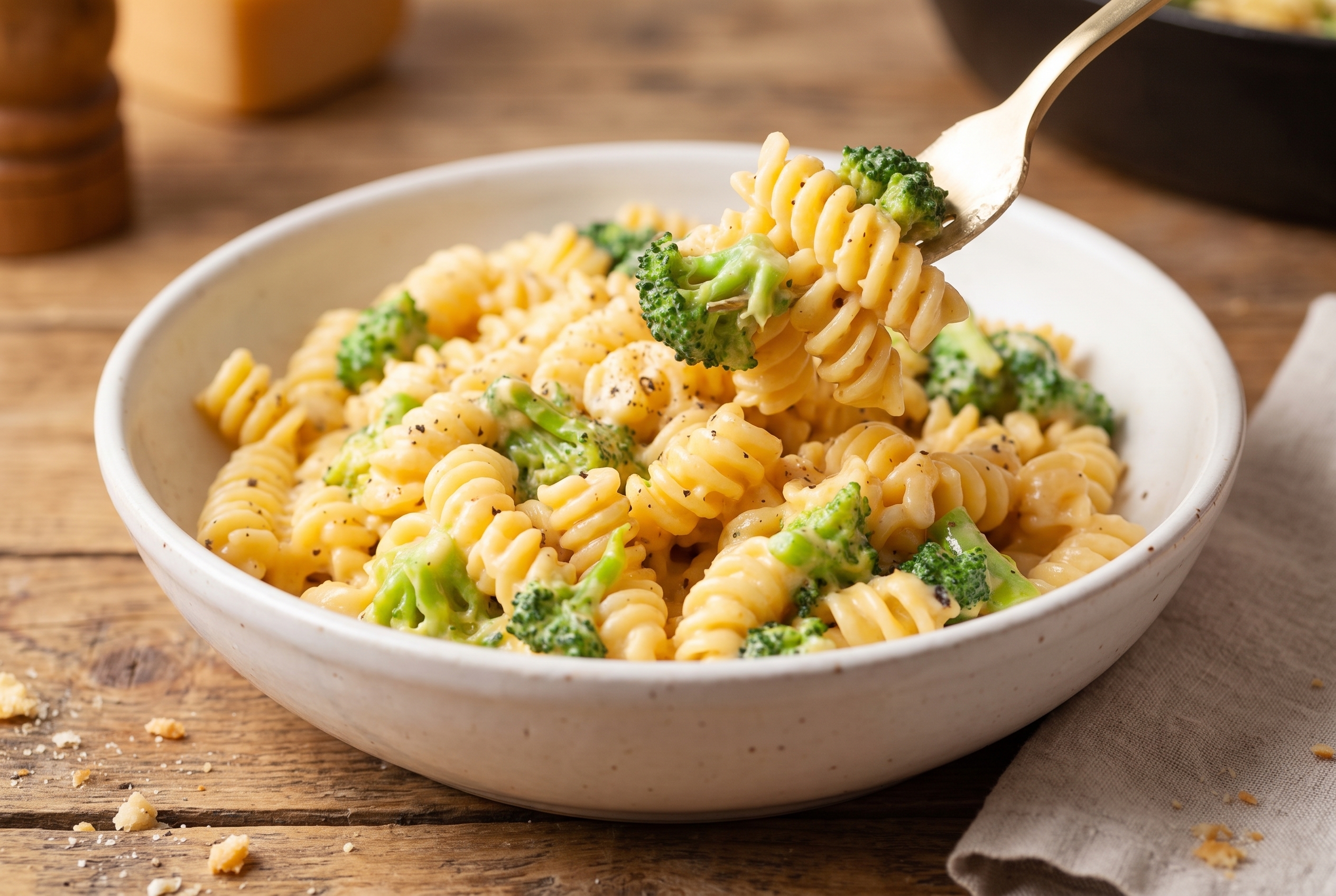 Creamy broccoli cheddar pasta in a white bowl