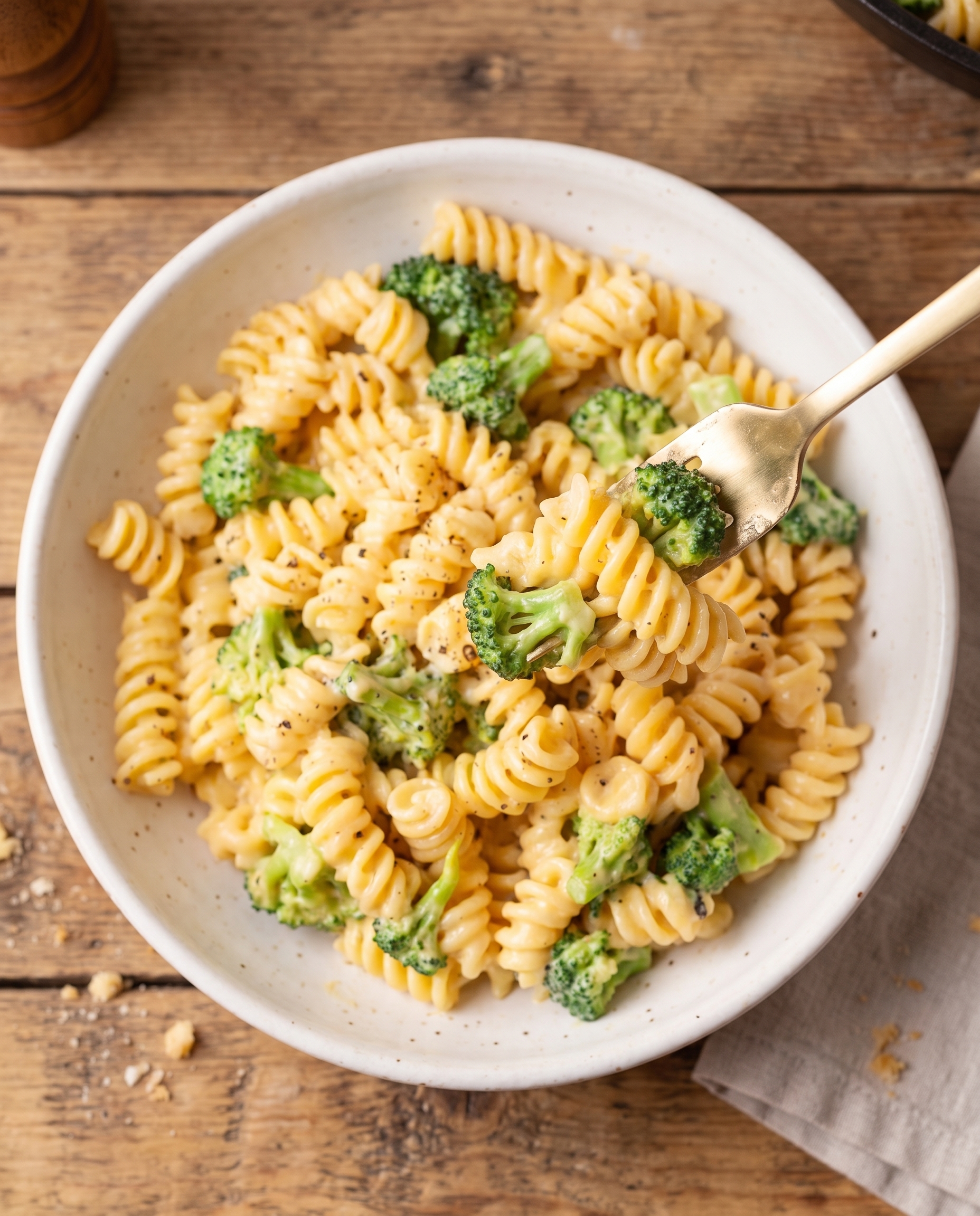 Side view of creamy broccoli cheddar pasta on a plate