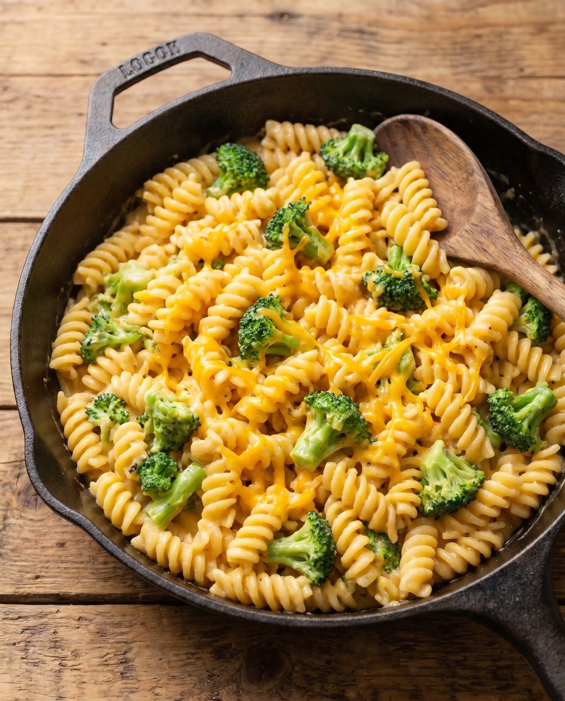 Overhead view of broccoli cheddar pasta in a cast iron skillet