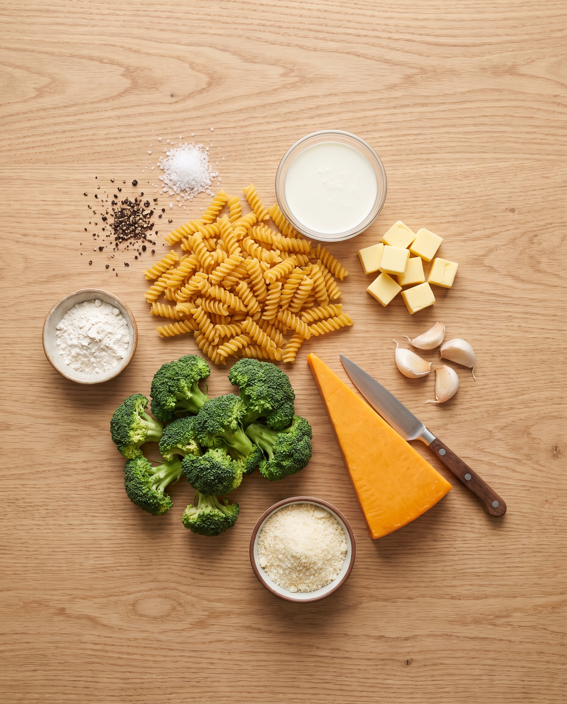 Ingredients for creamy broccoli cheddar pasta on a wooden table