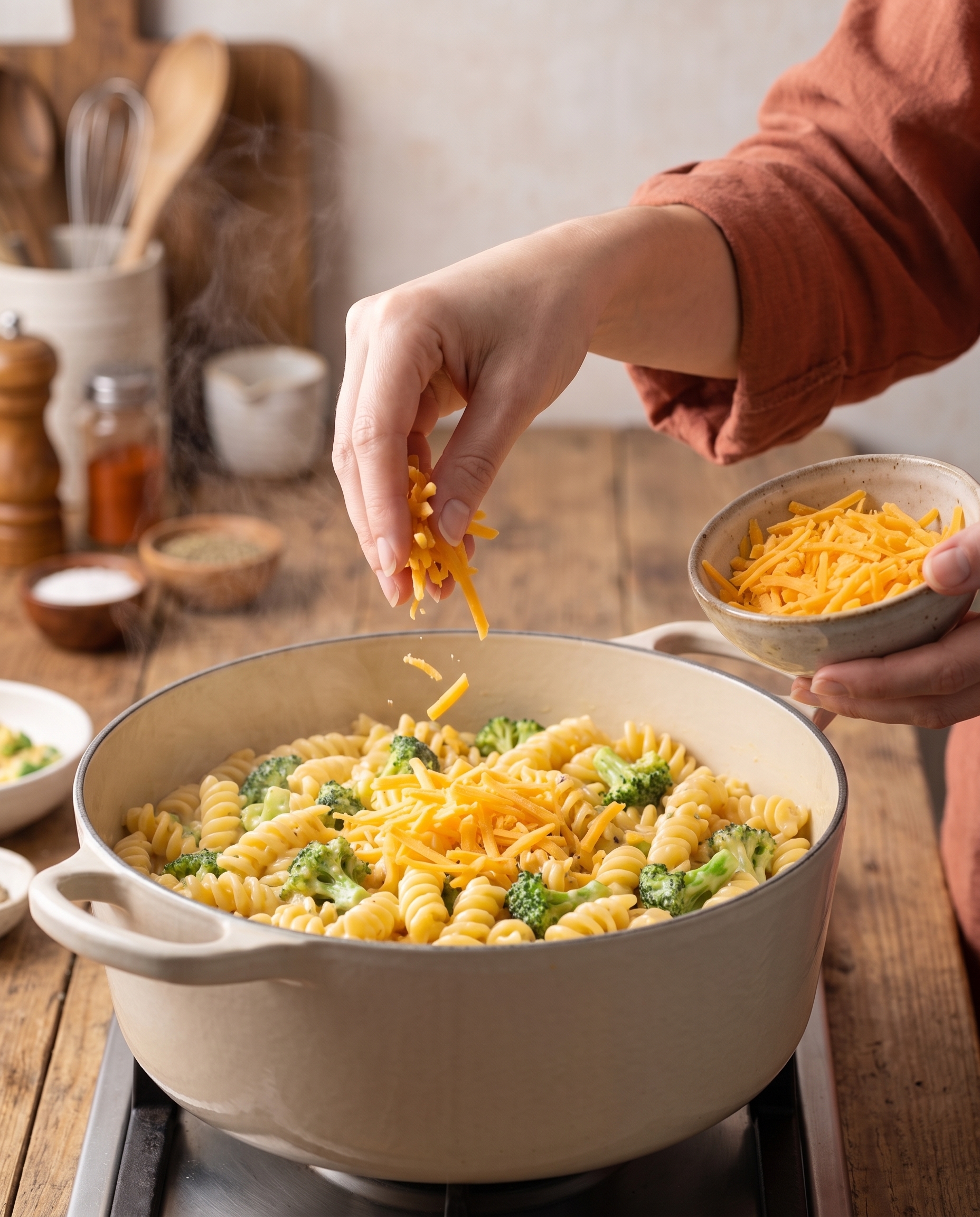 Stirring broccoli cheddar pasta on the stovetop