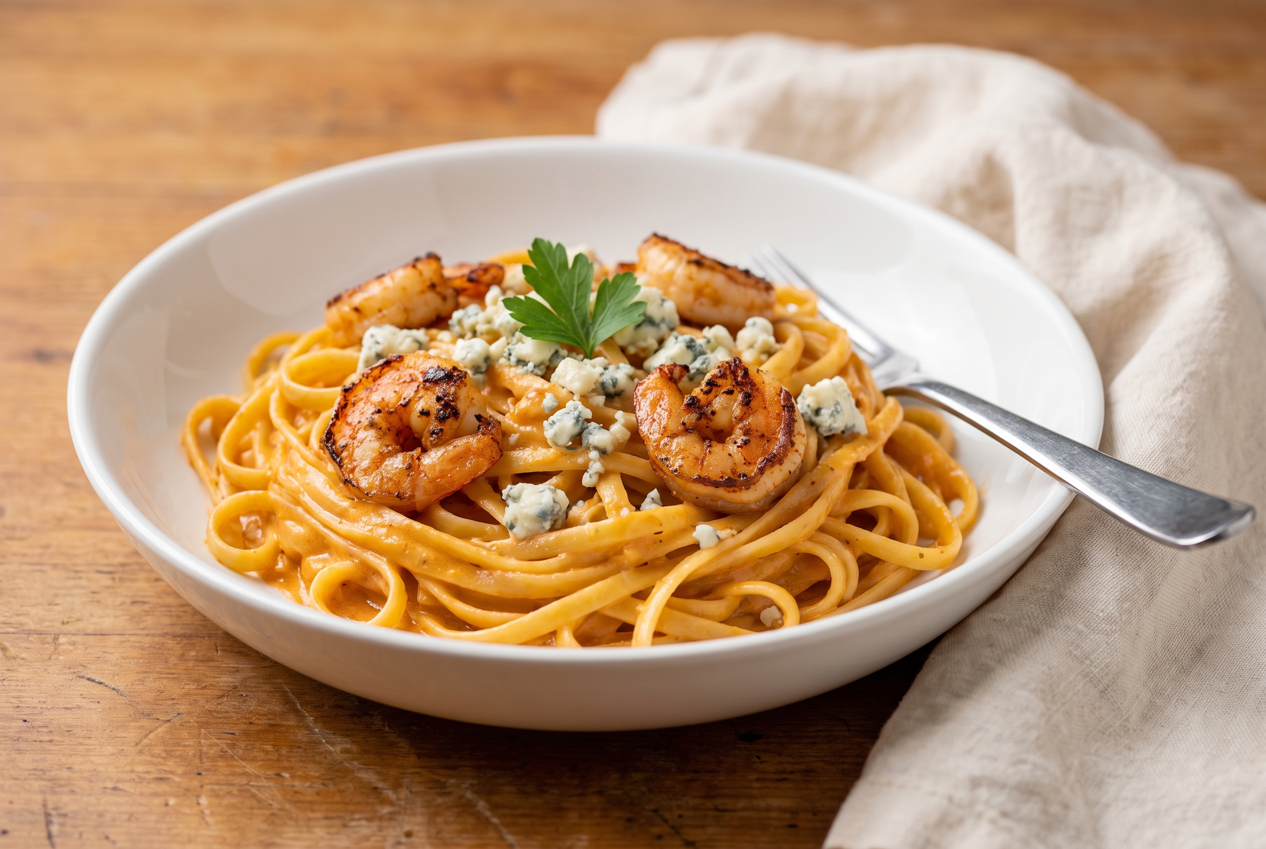 Creamy Buffalo Shrimp Pasta served in a white bowl