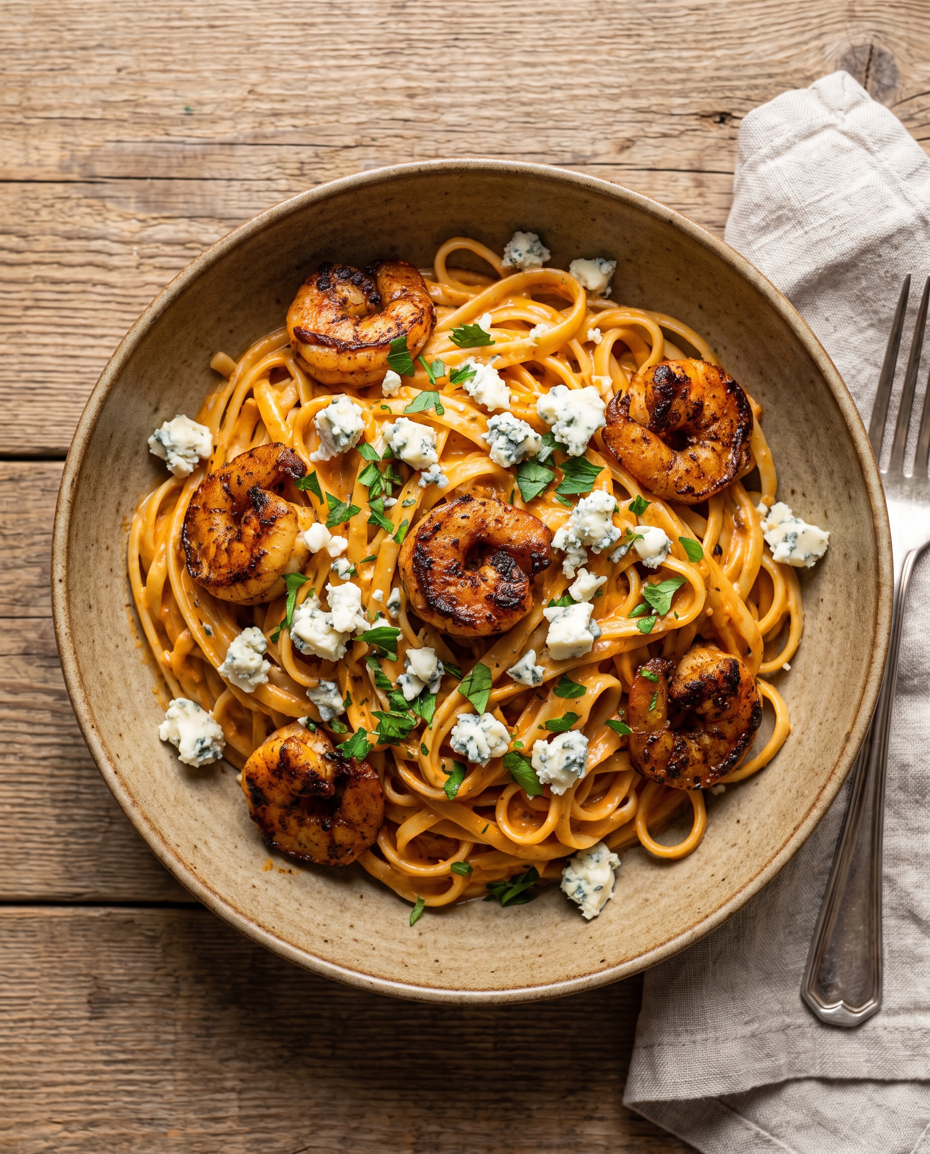 Overhead view of creamy buffalo shrimp pasta in a rustic bowl
