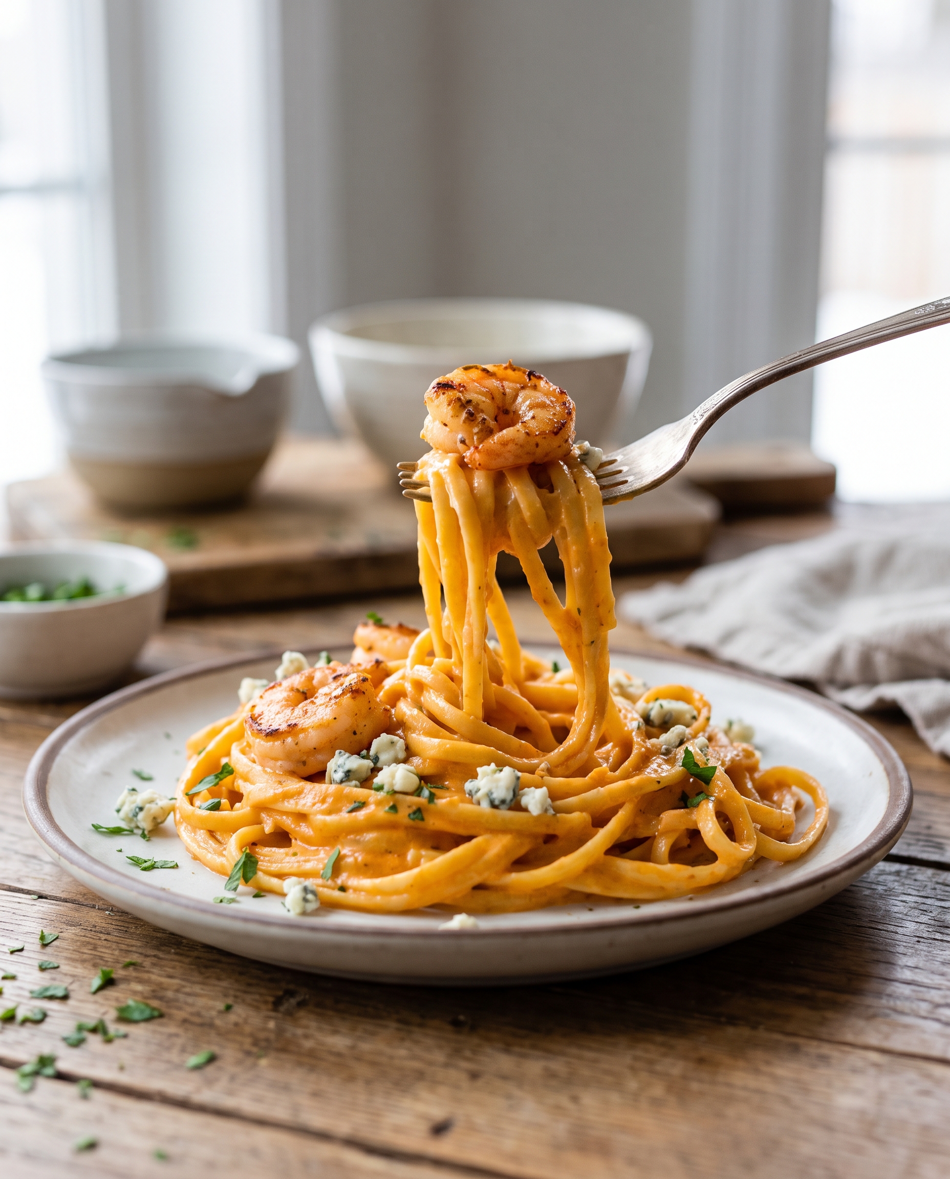 Close-up of creamy buffalo shrimp pasta with a fork lifting a bite