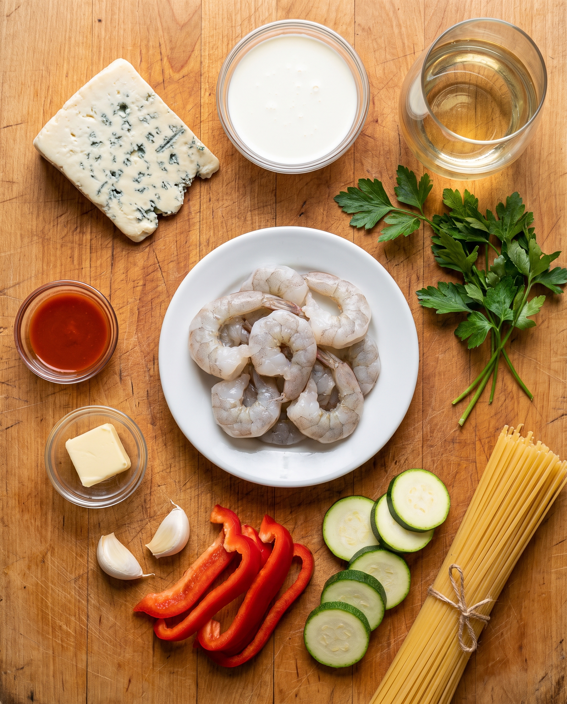 Ingredients for creamy buffalo shrimp pasta arranged on a wood surface