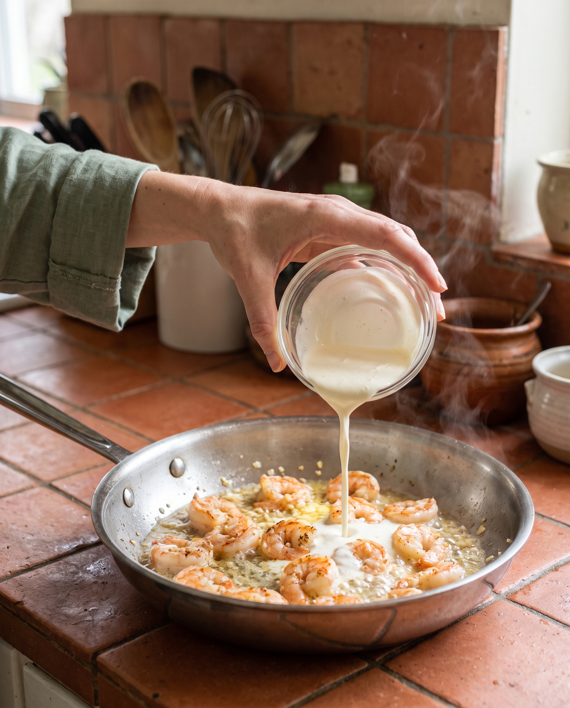 Woman pouring cream into a skillet with seared shrimp and garlic