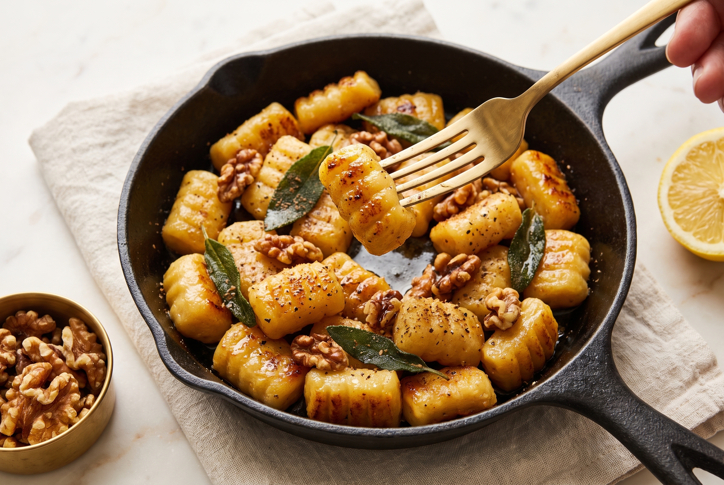 Creamy butternut squash sage gnocchi in a cast iron skillet with brown butter and toasted walnuts