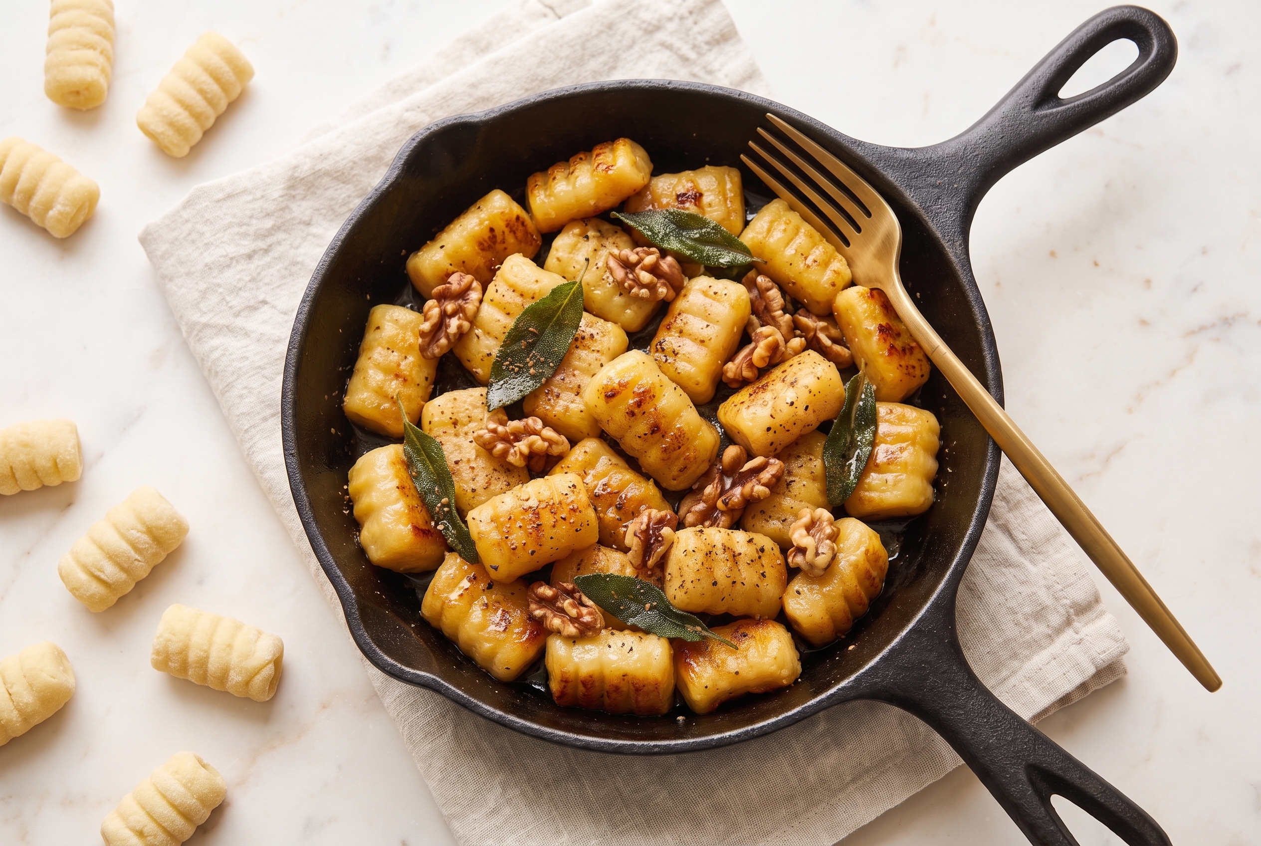 Top-down view of pan-seared butternut squash gnocchi in cast iron skillet with brass fork and scattered raw gnocchi