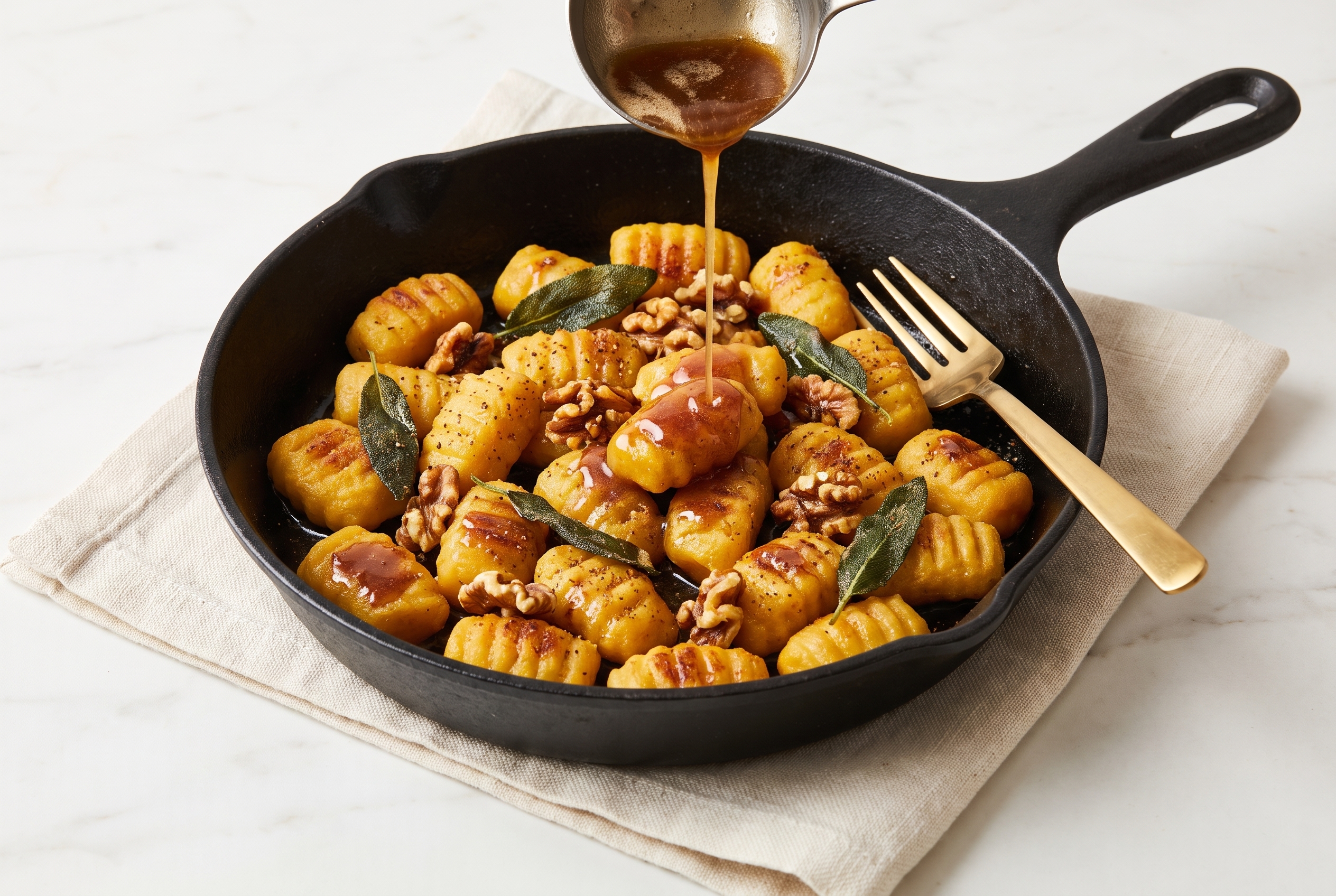 Brown butter being drizzled over pan-seared butternut squash gnocchi in cast iron skillet