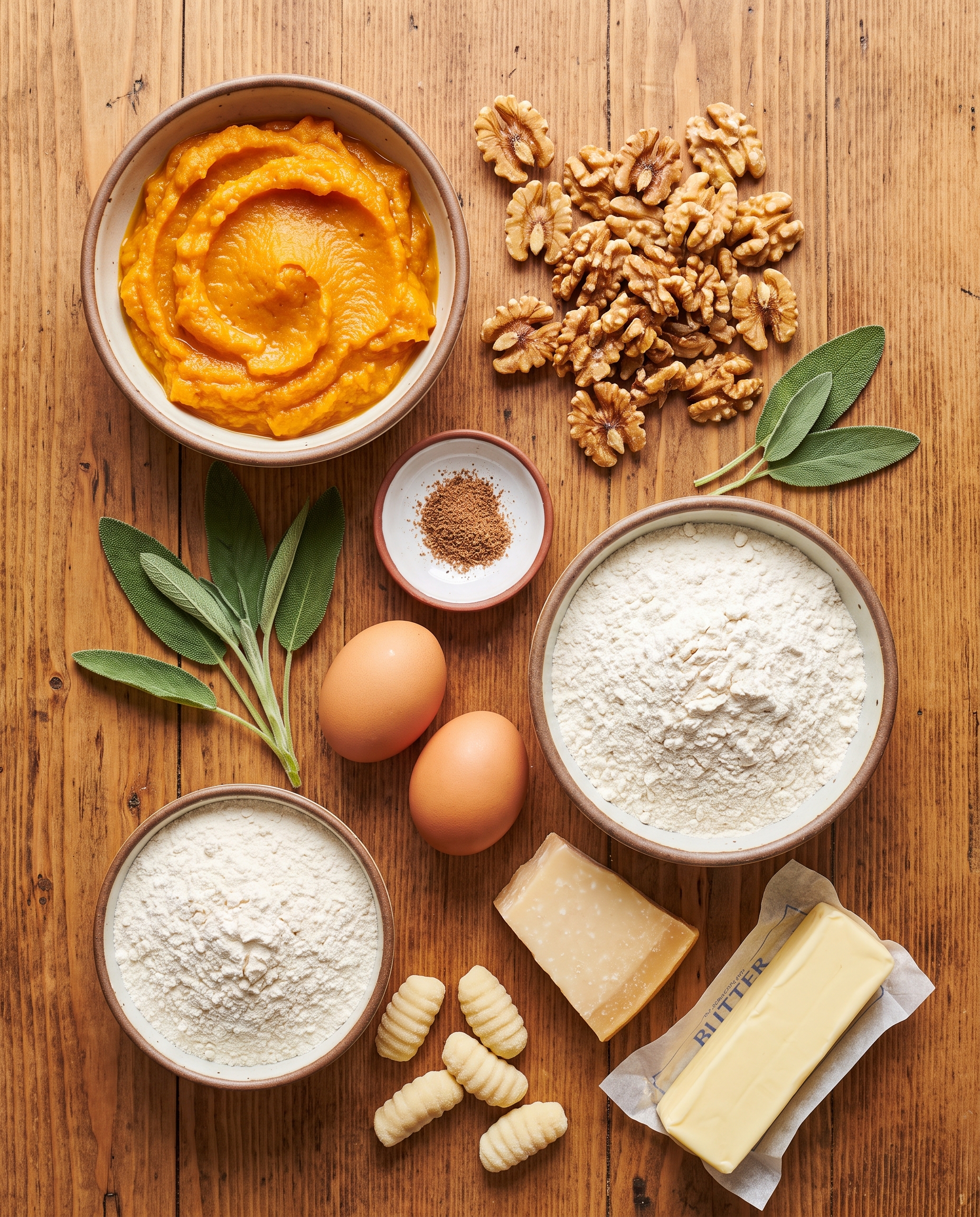 Flat-lay of butternut squash puree, walnuts, sage, nutmeg, eggs, flour, parmesan, and butter