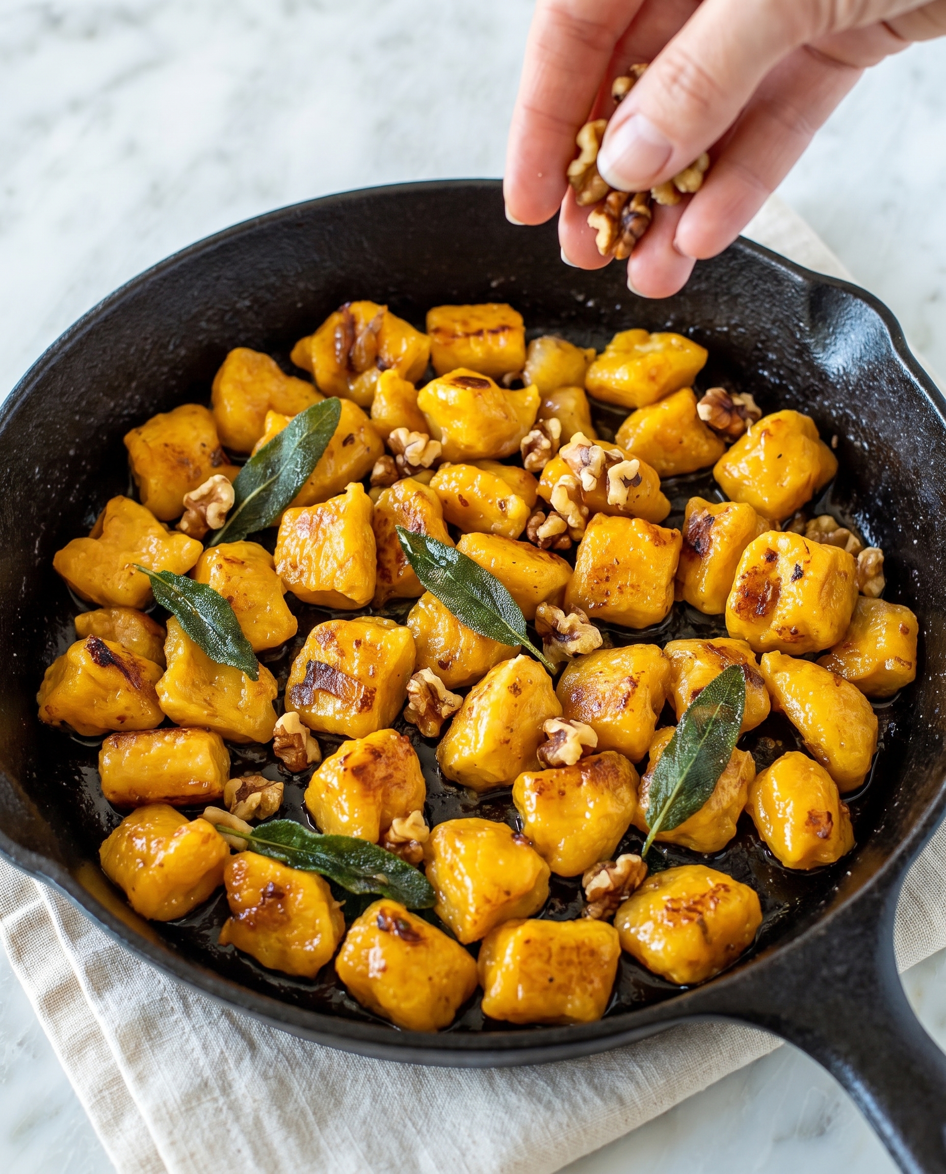 Hand sprinkling toasted walnuts over pan-seared butternut squash gnocchi in a cast iron skillet