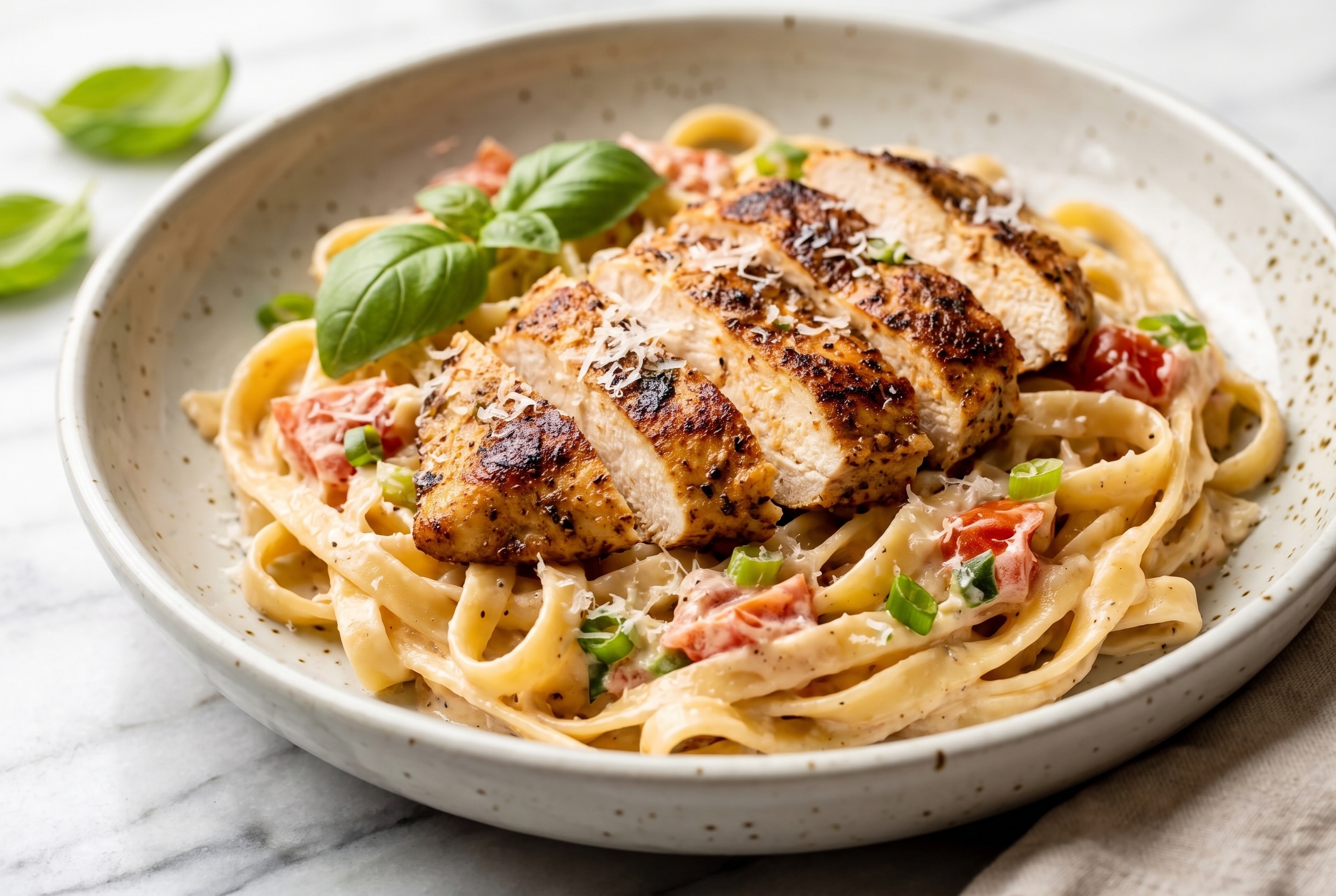 Creamy Cajun Chicken Fettuccine in a shallow bowl, three-quarter angle, soft daylight.