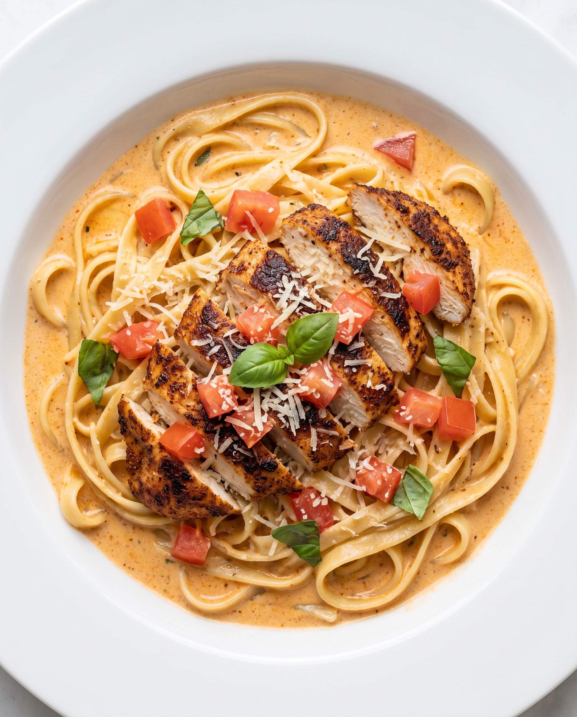 Overhead view of creamy Cajun chicken fettuccine in a wide white bowl, sauce swirled with sliced chicken and tomato.
