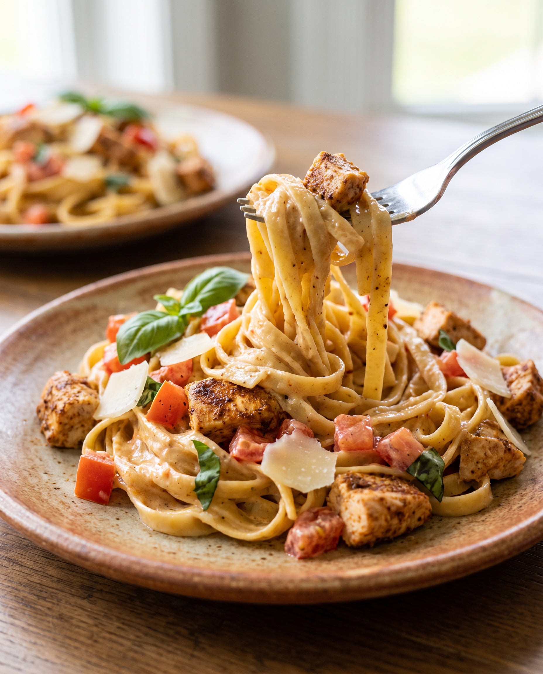 Side angle close-up of creamy Cajun chicken fettuccine with a fork twirling noodles in a rustic ceramic plate.