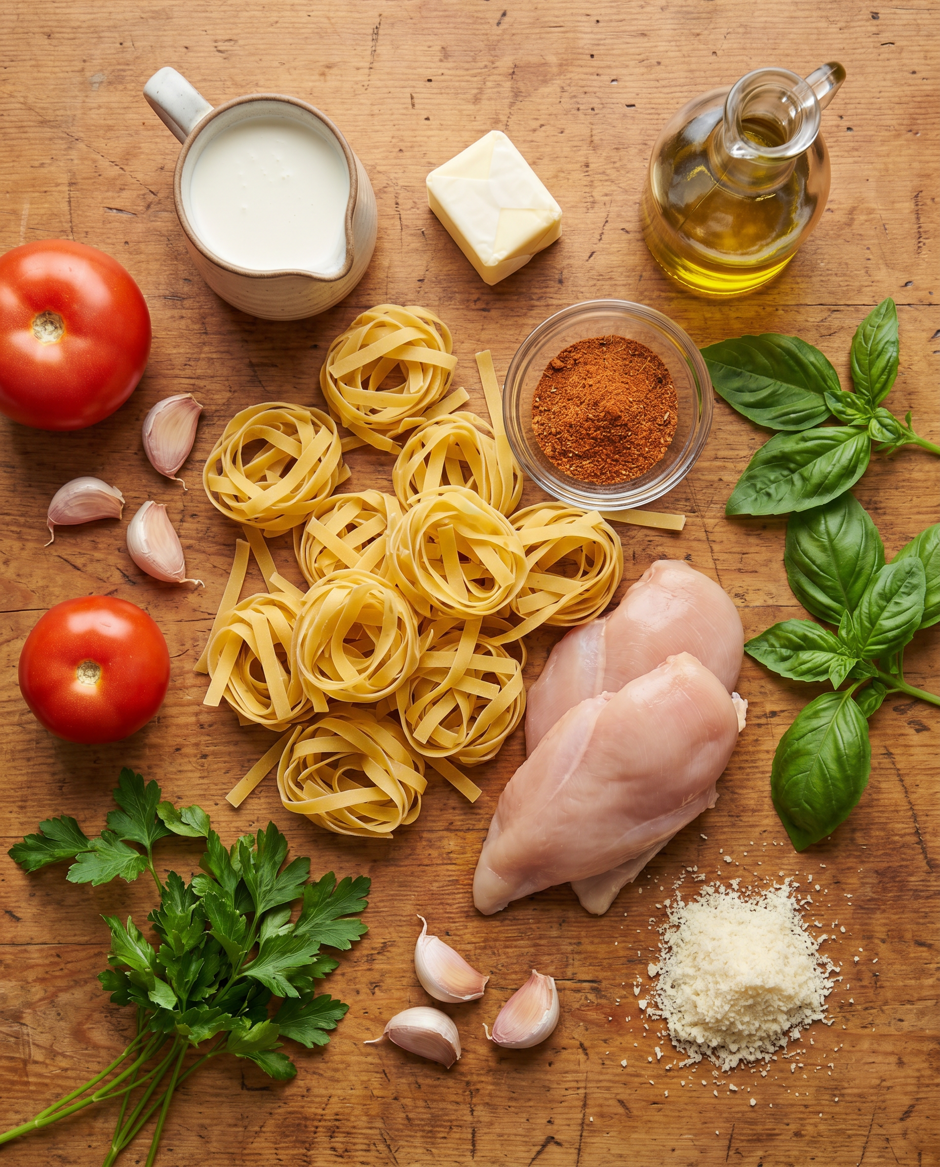 Top-down flat-lay of fettuccine, chicken breasts, Cajun spice, garlic, tomato, cream, and herbs on a wooden table.