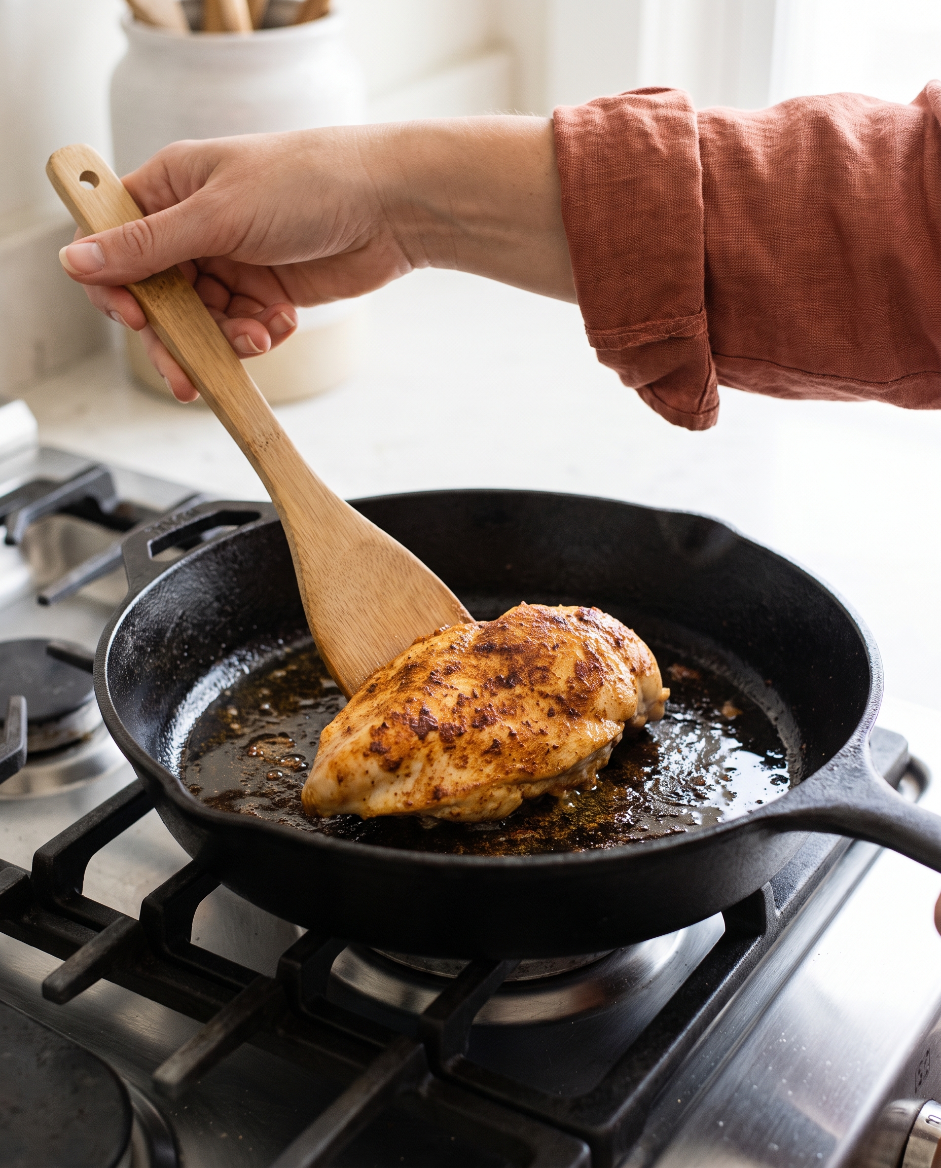 A hand with bare natural nails turning a golden Cajun-spiced chicken cutlet in a cast iron skillet with a wooden spatula.