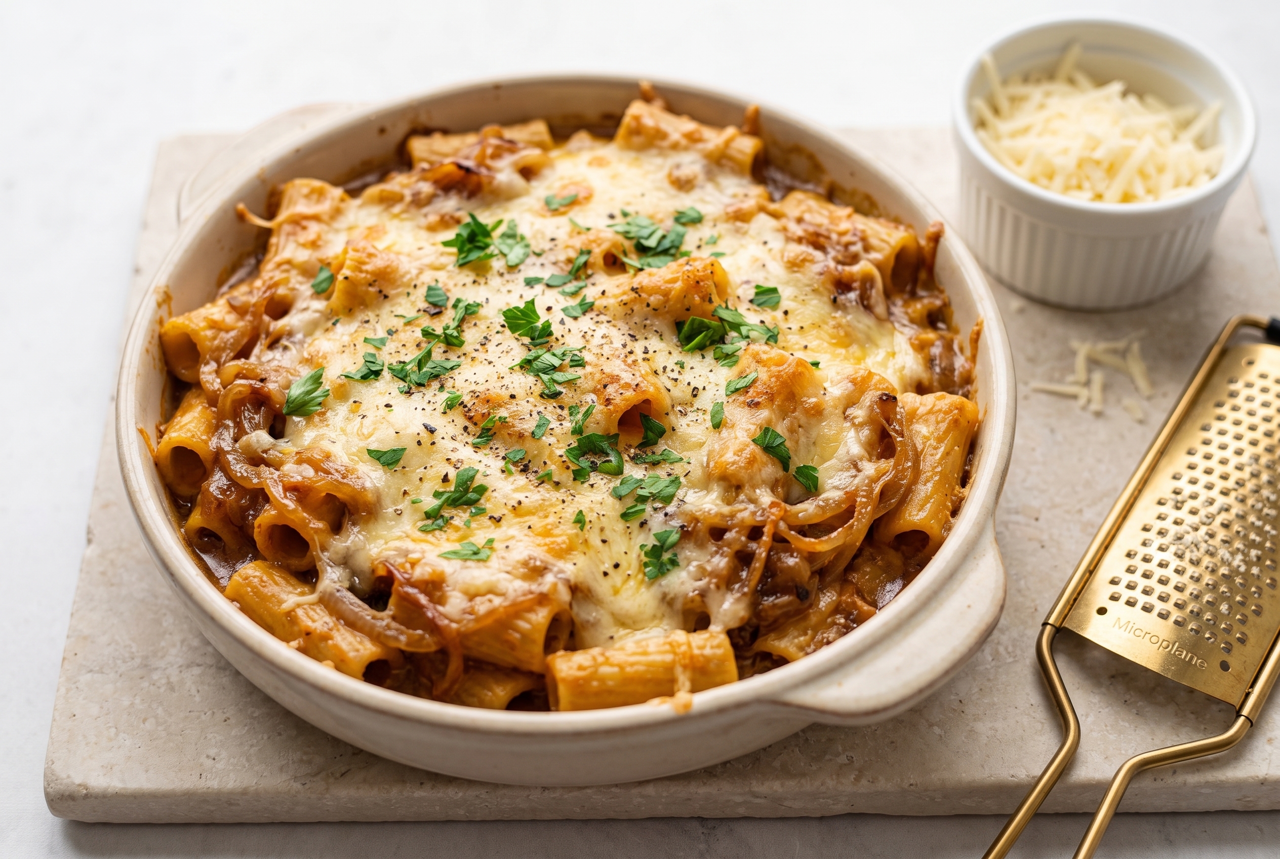 Creamy caramelized onion and gruyere pasta bubbling in a ceramic gratin dish