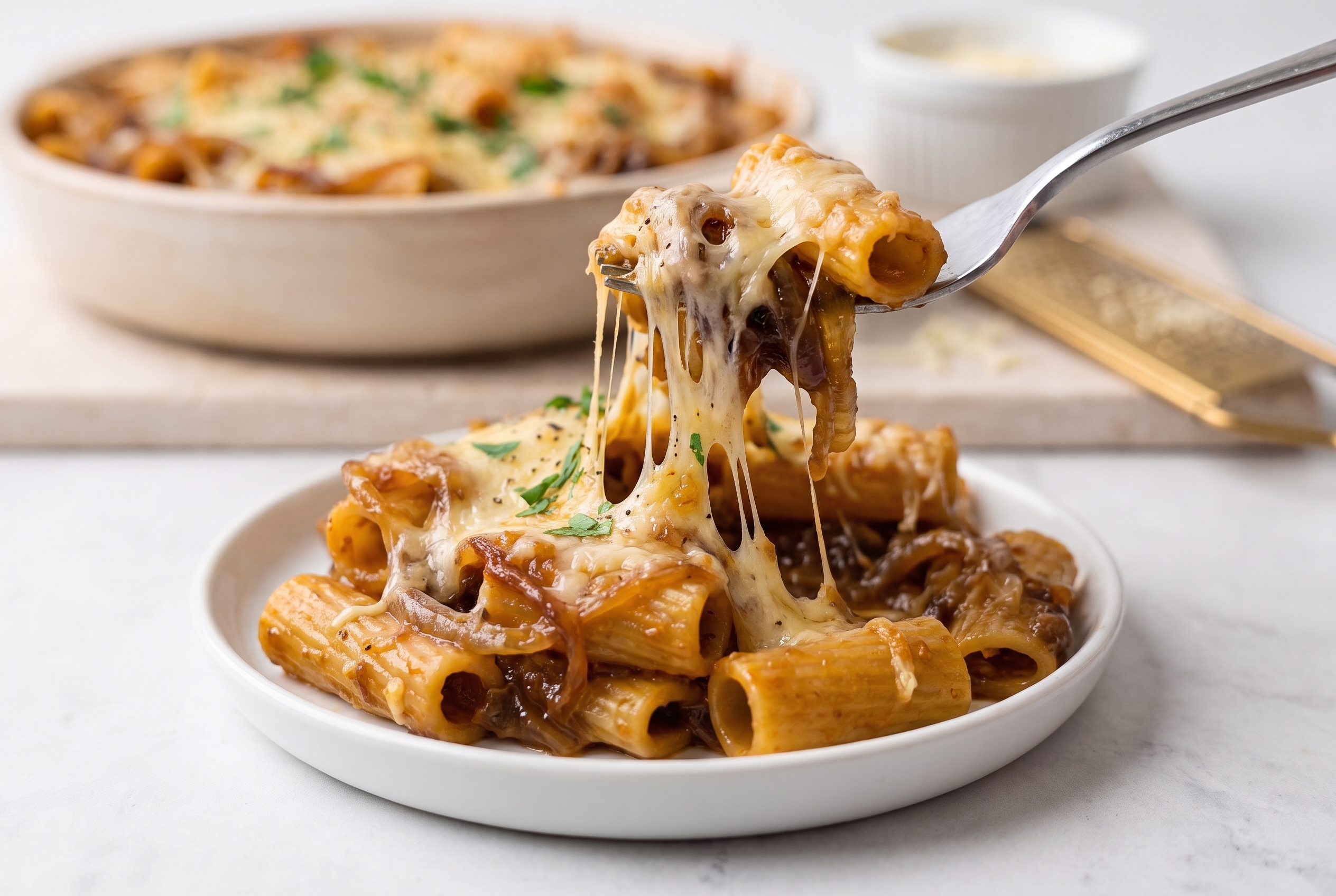 Fork lifting cheesy rigatoni from a gratin dish of caramelized onion pasta