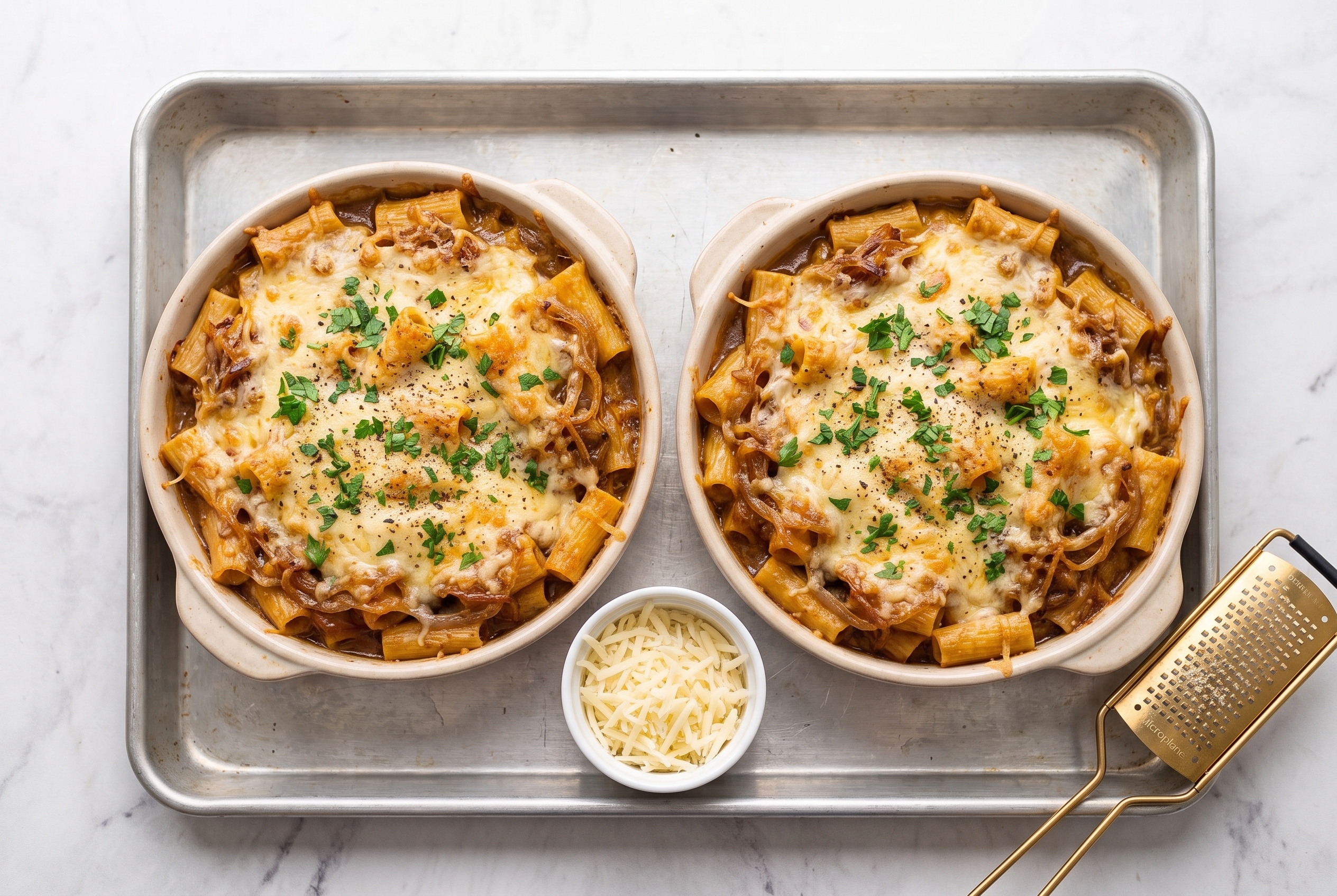 Two oval gratin dishes of caramelized onion gruyere pasta on a baking tray