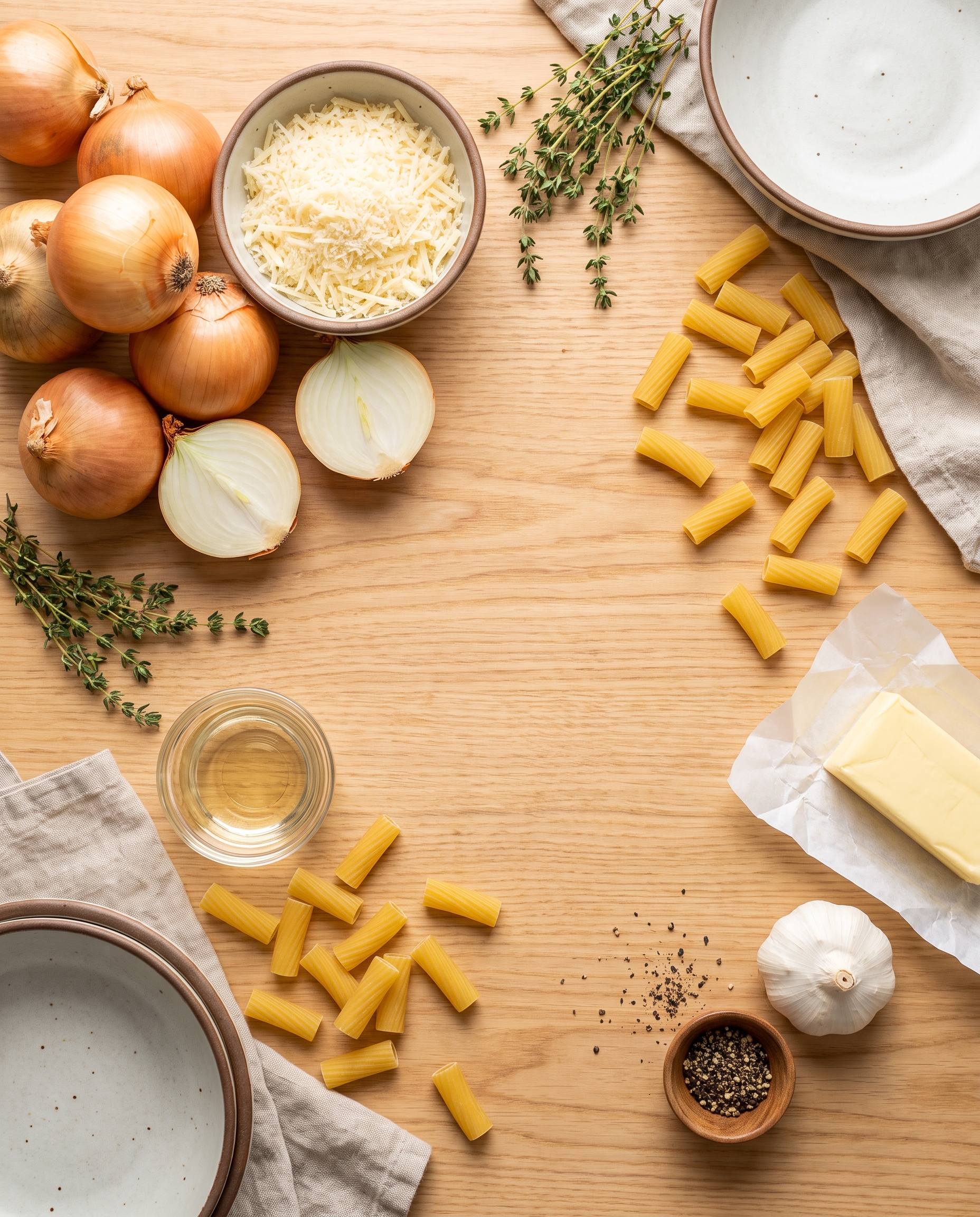 Ingredients for caramelized onion gruyere pasta on a wooden table