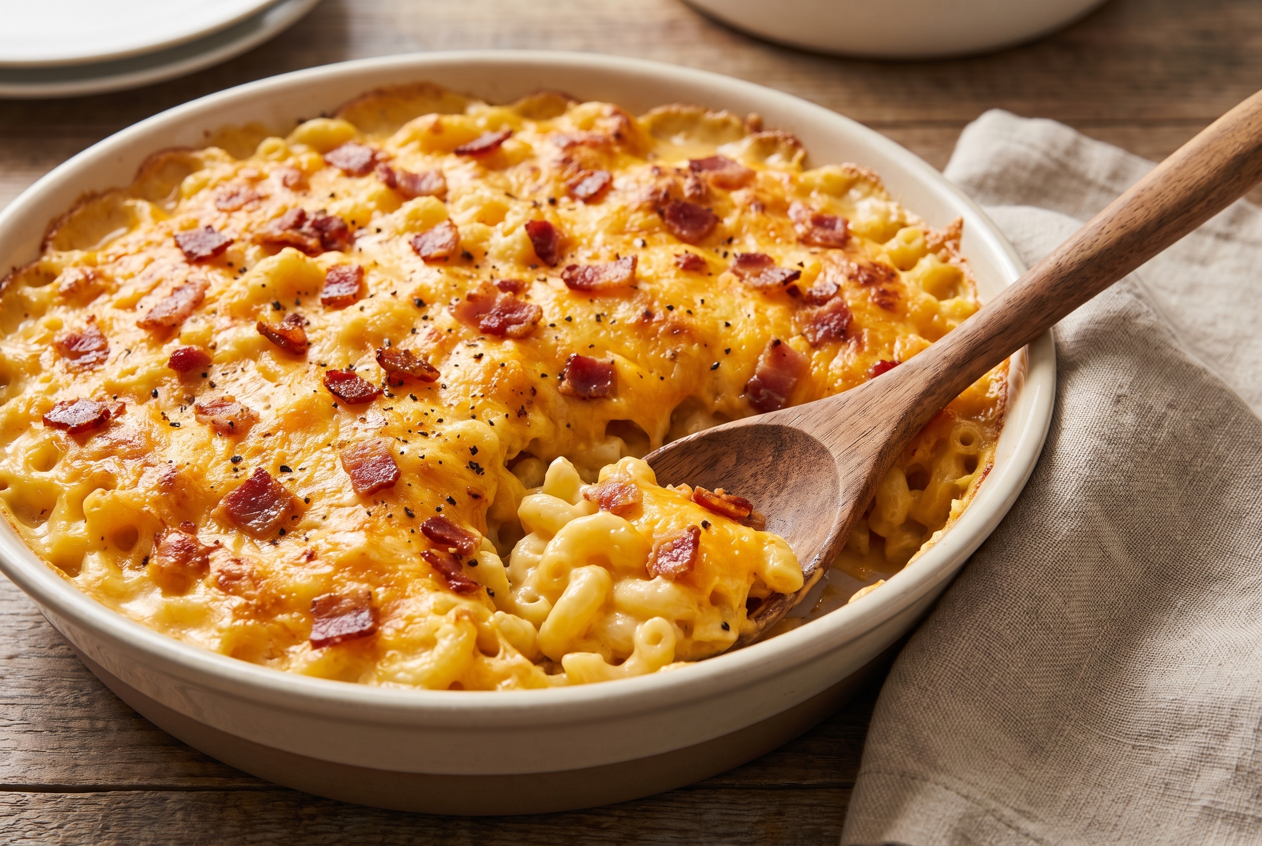 Creamy Cheddar Bacon Mac and Cheese in a baking dish
