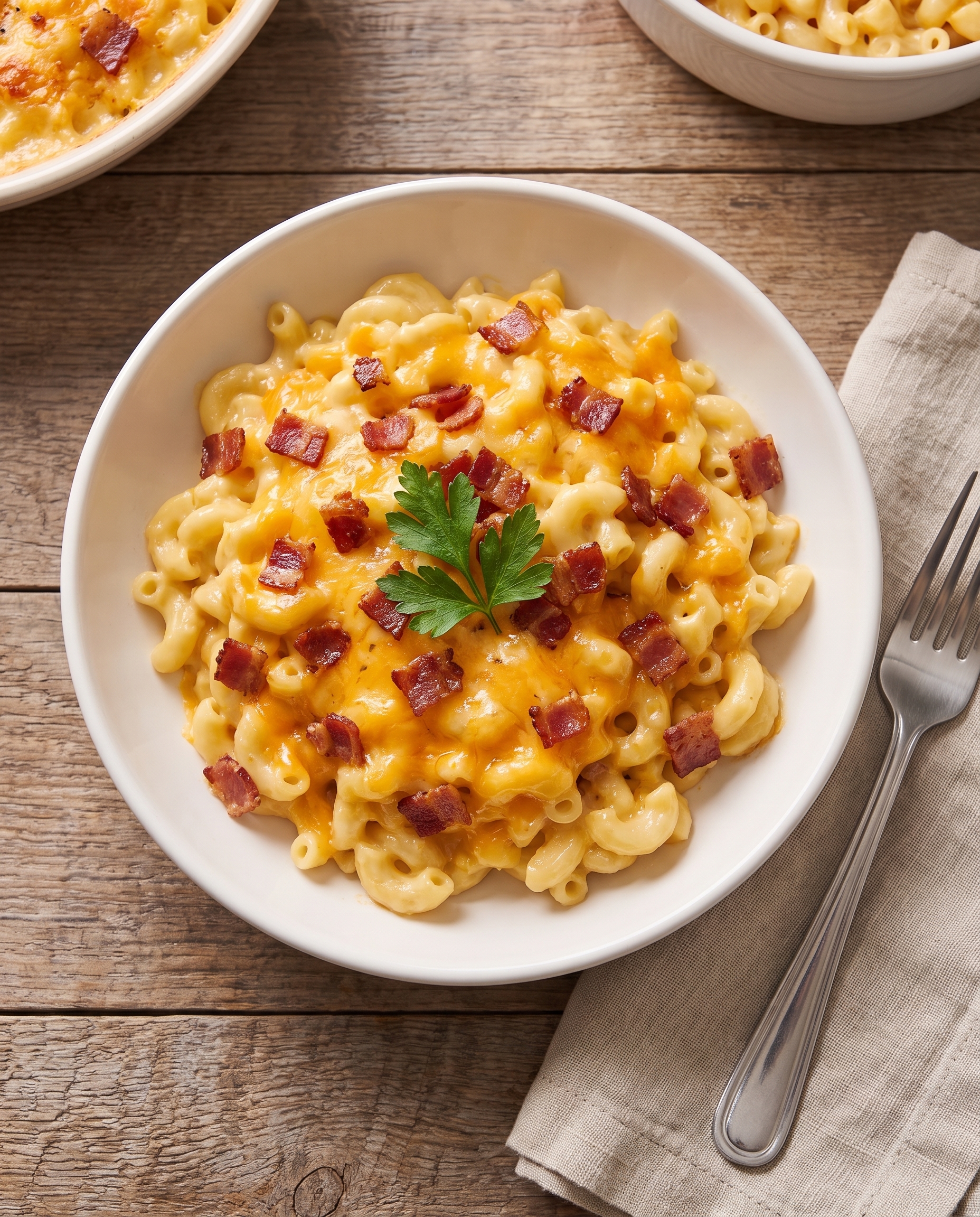 A bowl of creamy cheddar bacon mac and cheese with parsley garnish