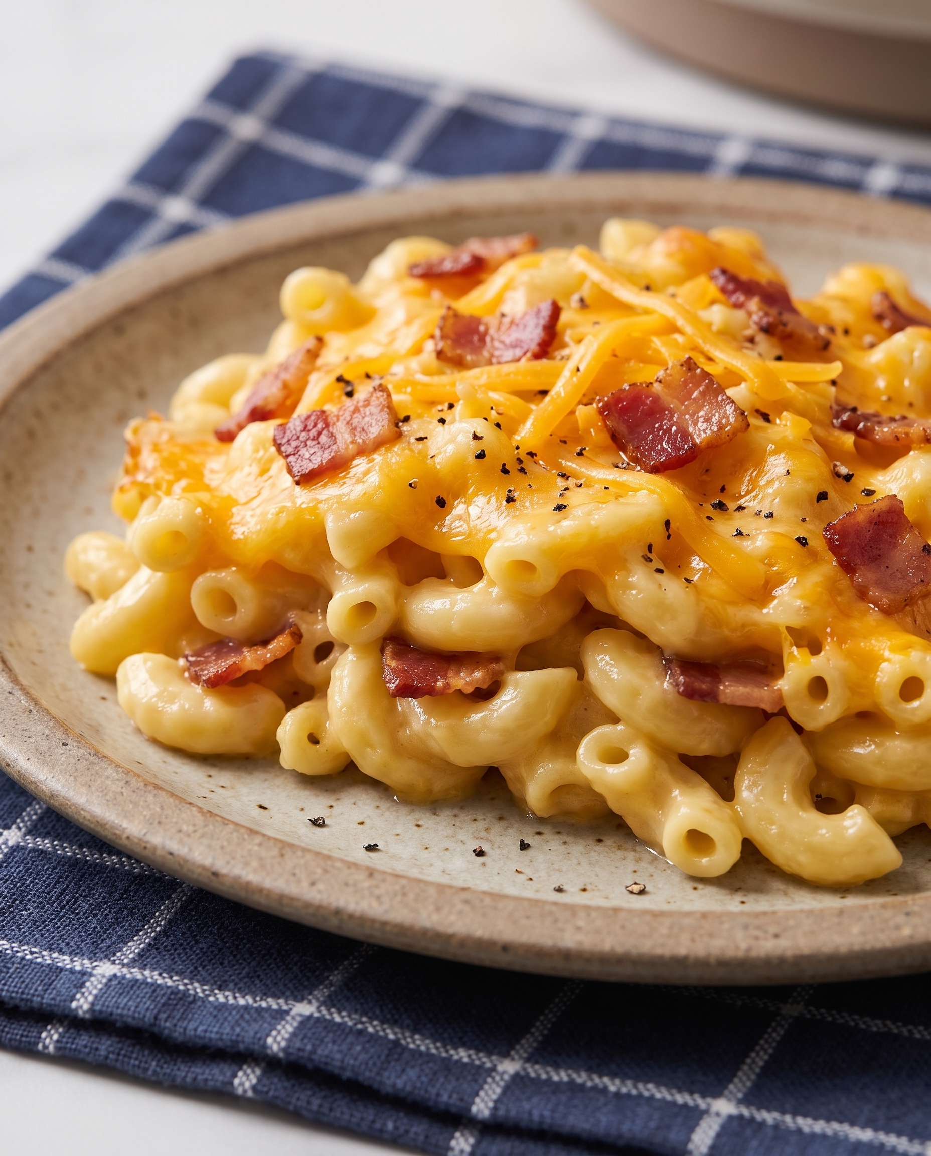 Side view of creamy cheddar bacon mac and cheese on a stoneware plate