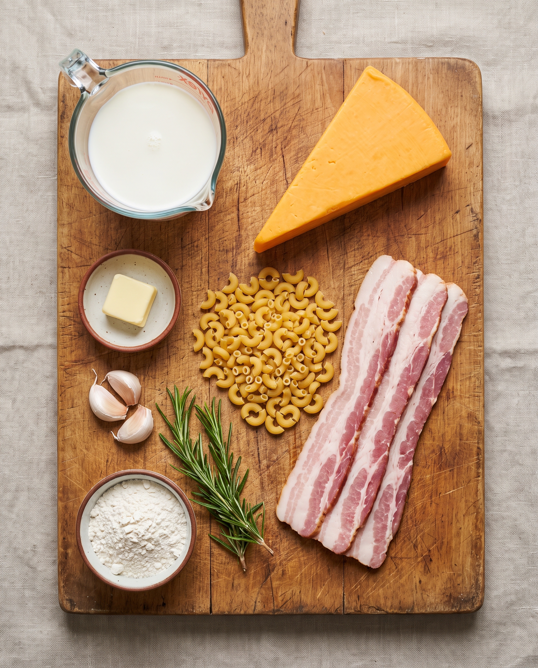 Ingredients for creamy cheddar bacon mac and cheese arranged on a wooden board